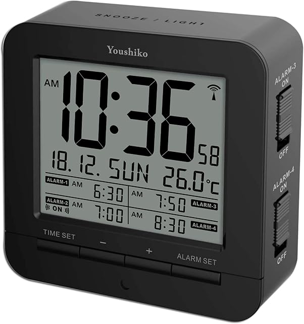Youshiko Digital Radio Controlled ( Official UK & Ireland Version) Alarm Clock with 4 Alarm Times & Automatic backlight with light sensor