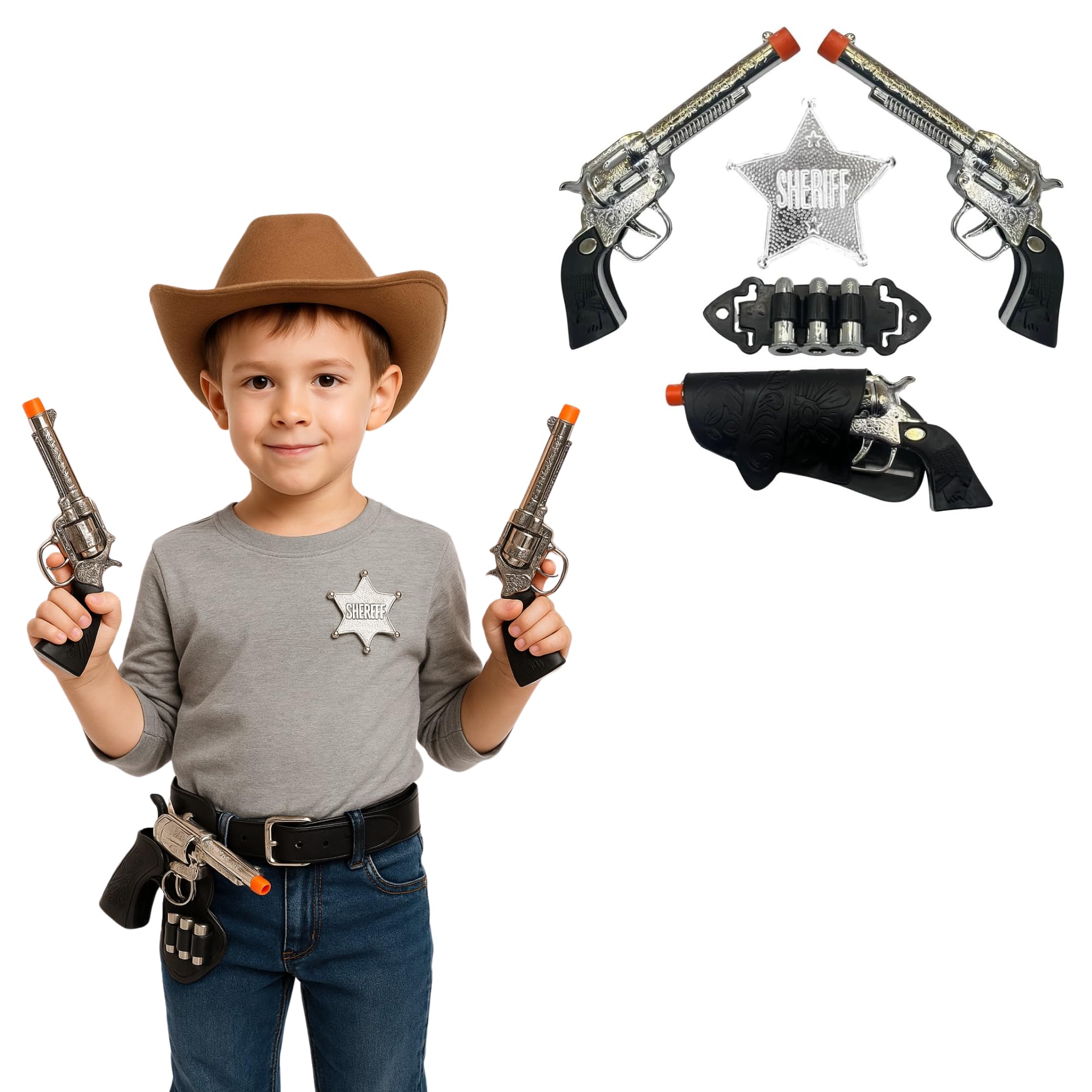 Cowboy Sheriff Role Play Set – Twin Toy Guns with Holster Belt, Bullets, & Sheriff Badge – Complete 7-Piece Cowboy Costume Accessories for Kids – Kids Pretend Play Fancy Dress up Set