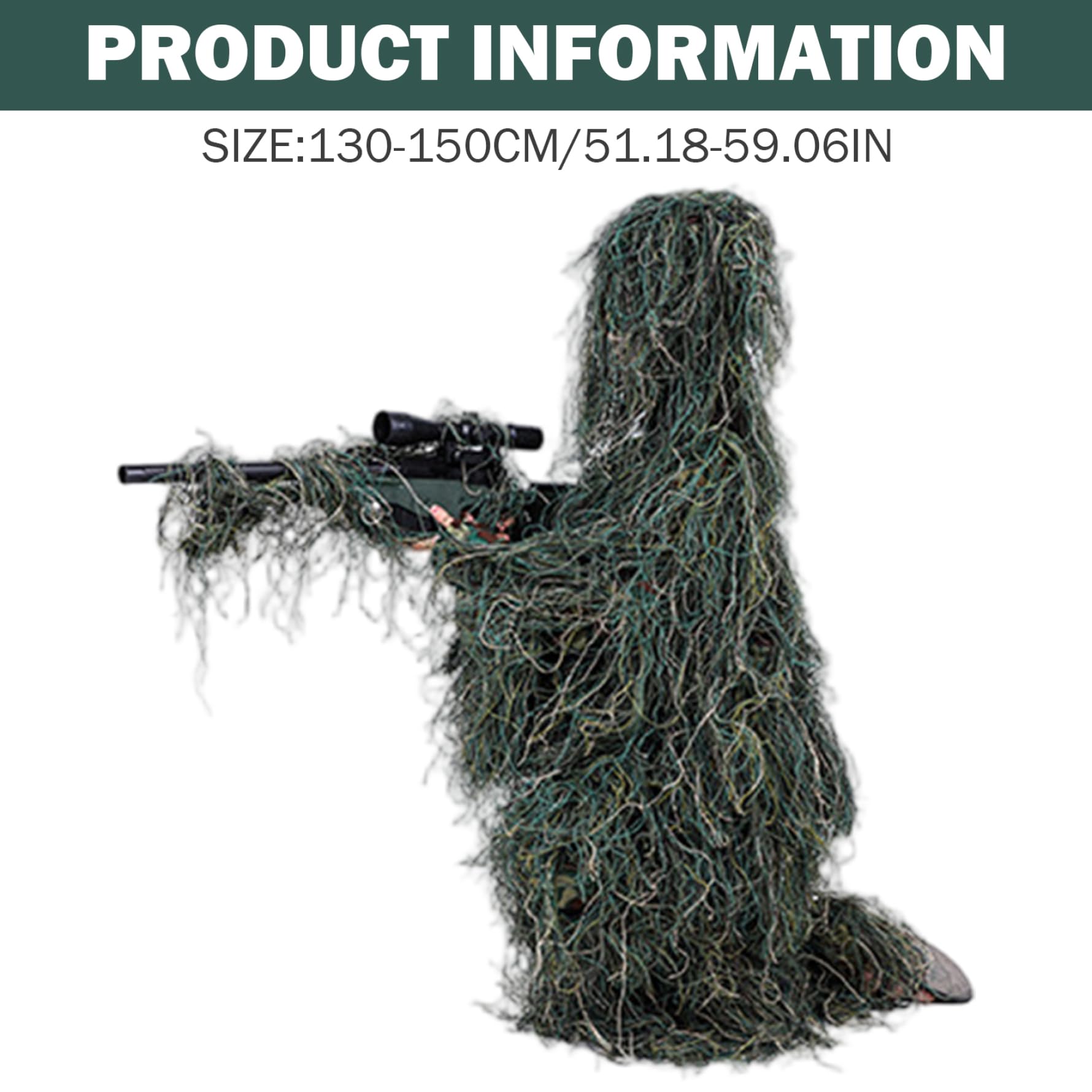 Ghillie Suit per bambini Altezza 51, 18-59, 06 pollici, tuta mimetica 3D traspirante 5 in 1, abbigliamento da caccia con giacca, pantaloni, cappuccio, borsa per il trasporto, giocattoli, giochi.