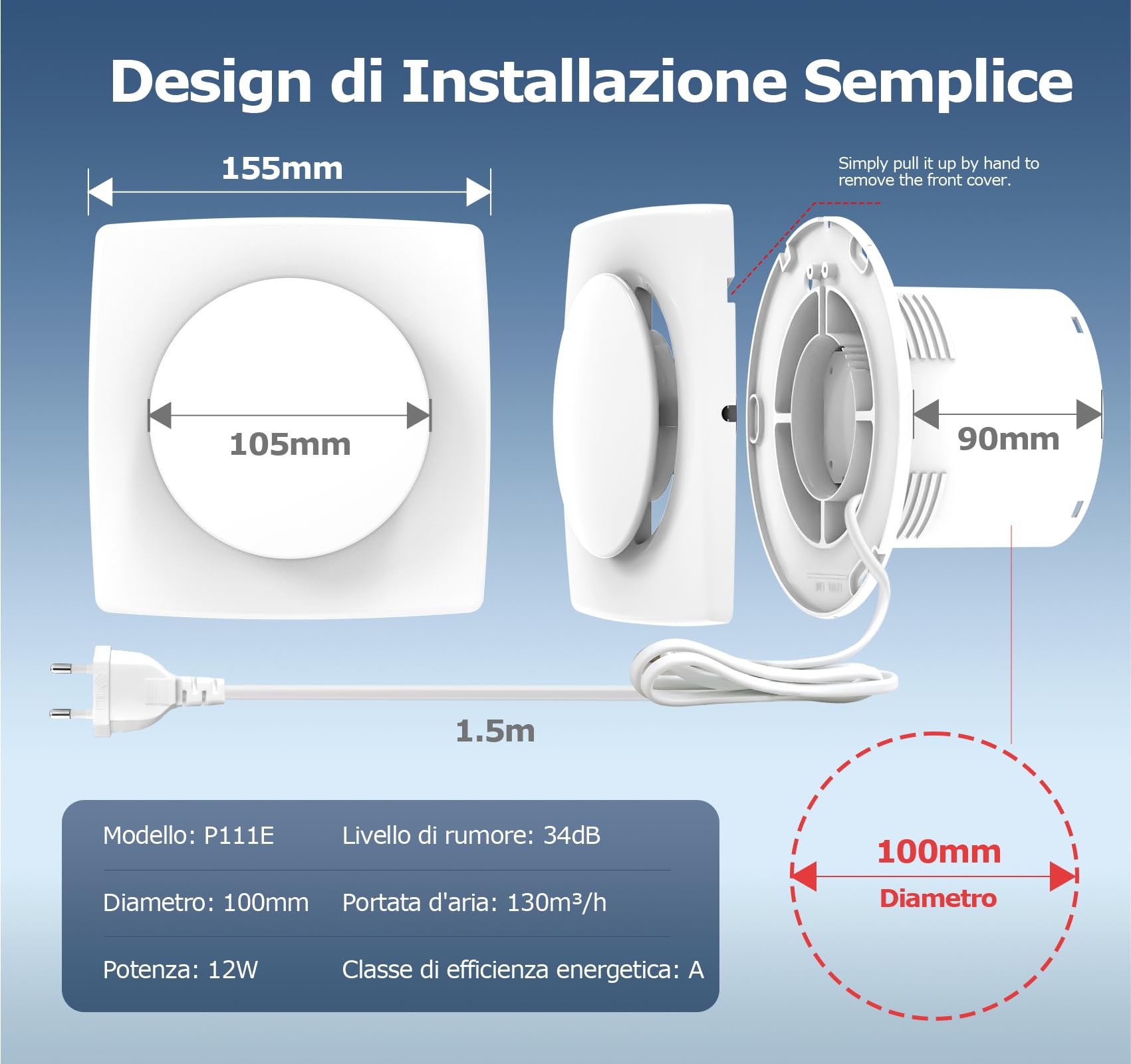Aspiratore Bagno 100mm, Estrattore Aria Silenzioso e Potente Migliorato, 130m³/h Ventola Aspirazione, IPX4, Risparmio Energetico, Ideale Ventilatore per Bagno, Cucina, Garage, Cantina