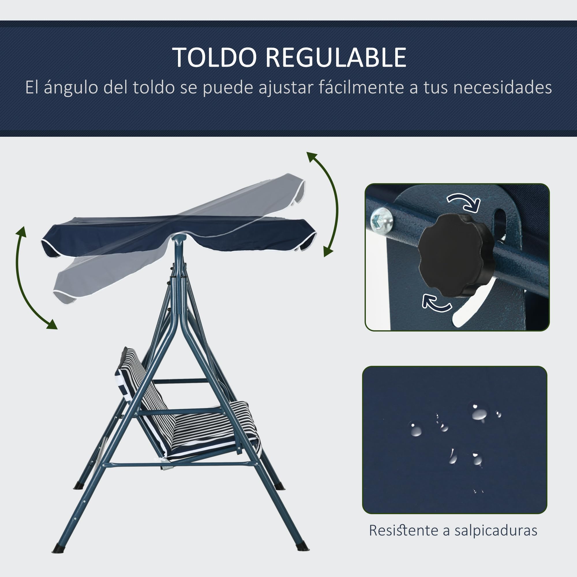 Outsunny Columpio de Jardín Exterior de 3 Plazas, Balancín de Jardín Exterior con Techo Ajustable y Marco de Acero, para Balcón, Terraza, Patio, Carga 240 kg, 172x110x153 cm, Raya Azul