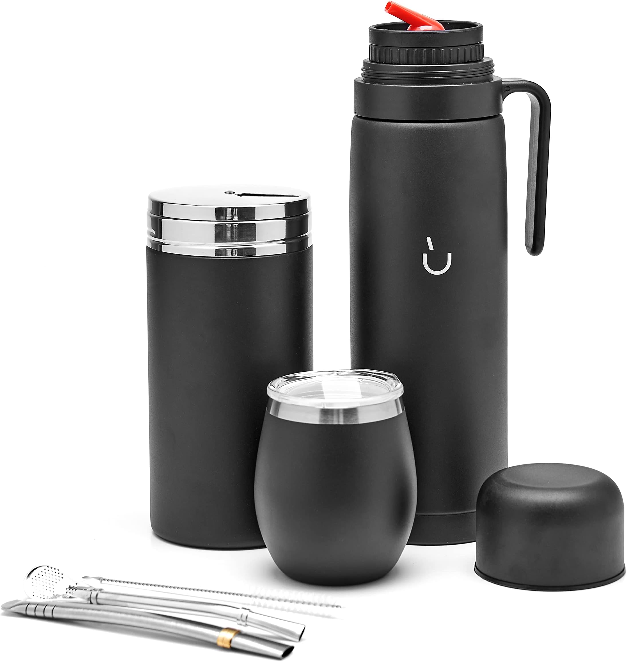 Complete Yerba Mate Set - Modern Mate Gourd, Vacuum Flask, Yerba Container, Bombilla and Cleaning Brush Included - All Premium Quality 304 18/8 Stainless Steel (Black)
