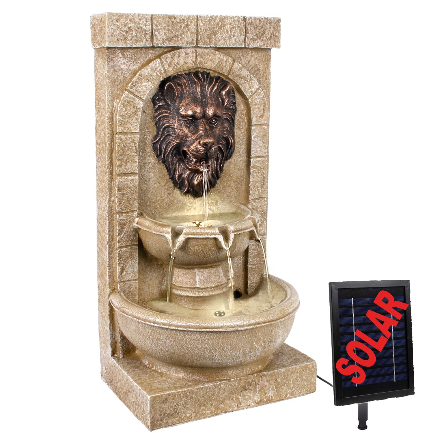 Fuente Solar de jardín, Fuente Decorativa, Fuente Interior, Fuente con luz LED, Fuente de Agua en Cascada para jardín, terraza, balcón (Fuente Solar con luz LED LÖWENHERZ)