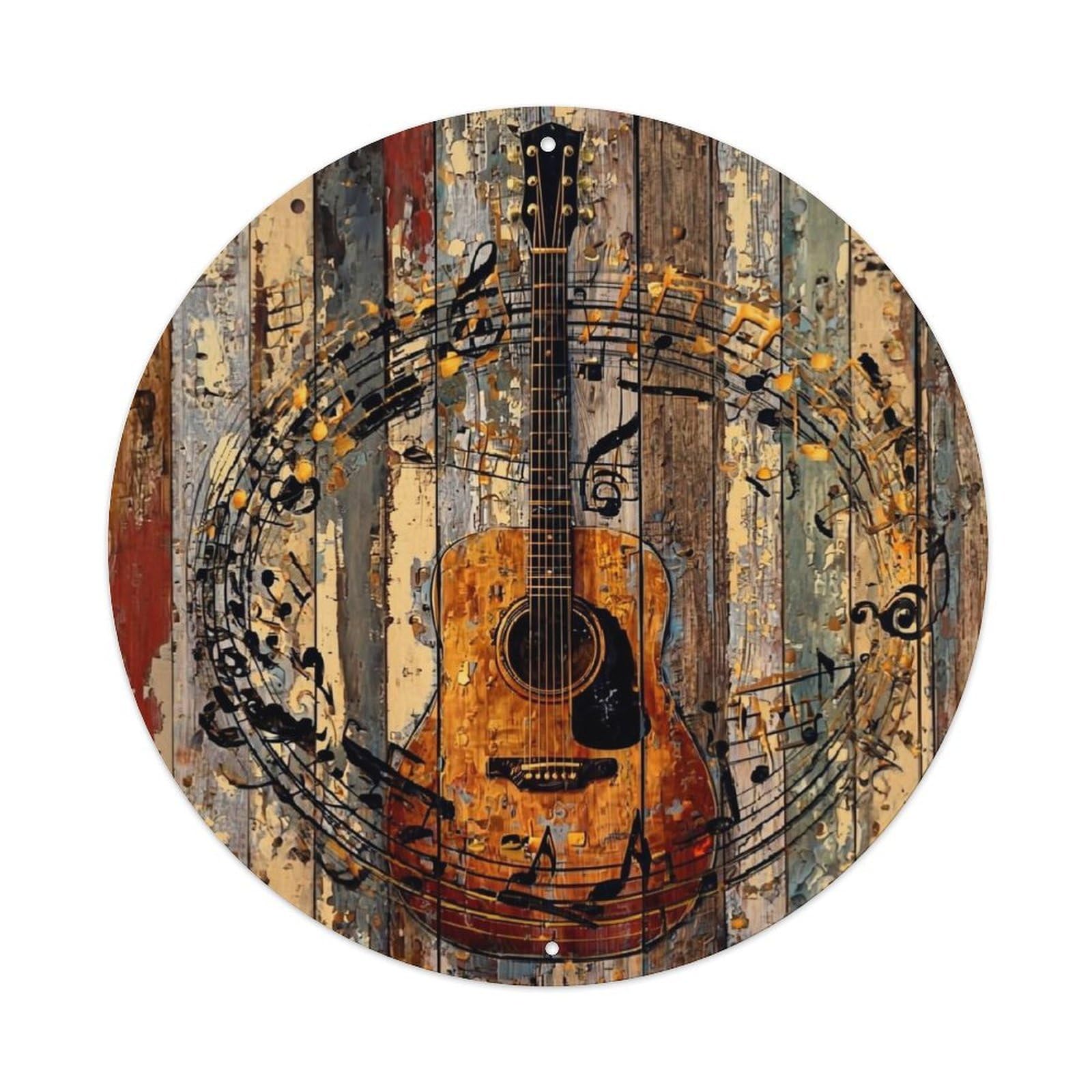 Guitar On Rustic Wood Background Vintage Metal Tin Sign Retro Wall Decor for Home Bar Garage Cafe, Indoor & Outdoor Decorative，circle Metal Poster, 8x8 Inch