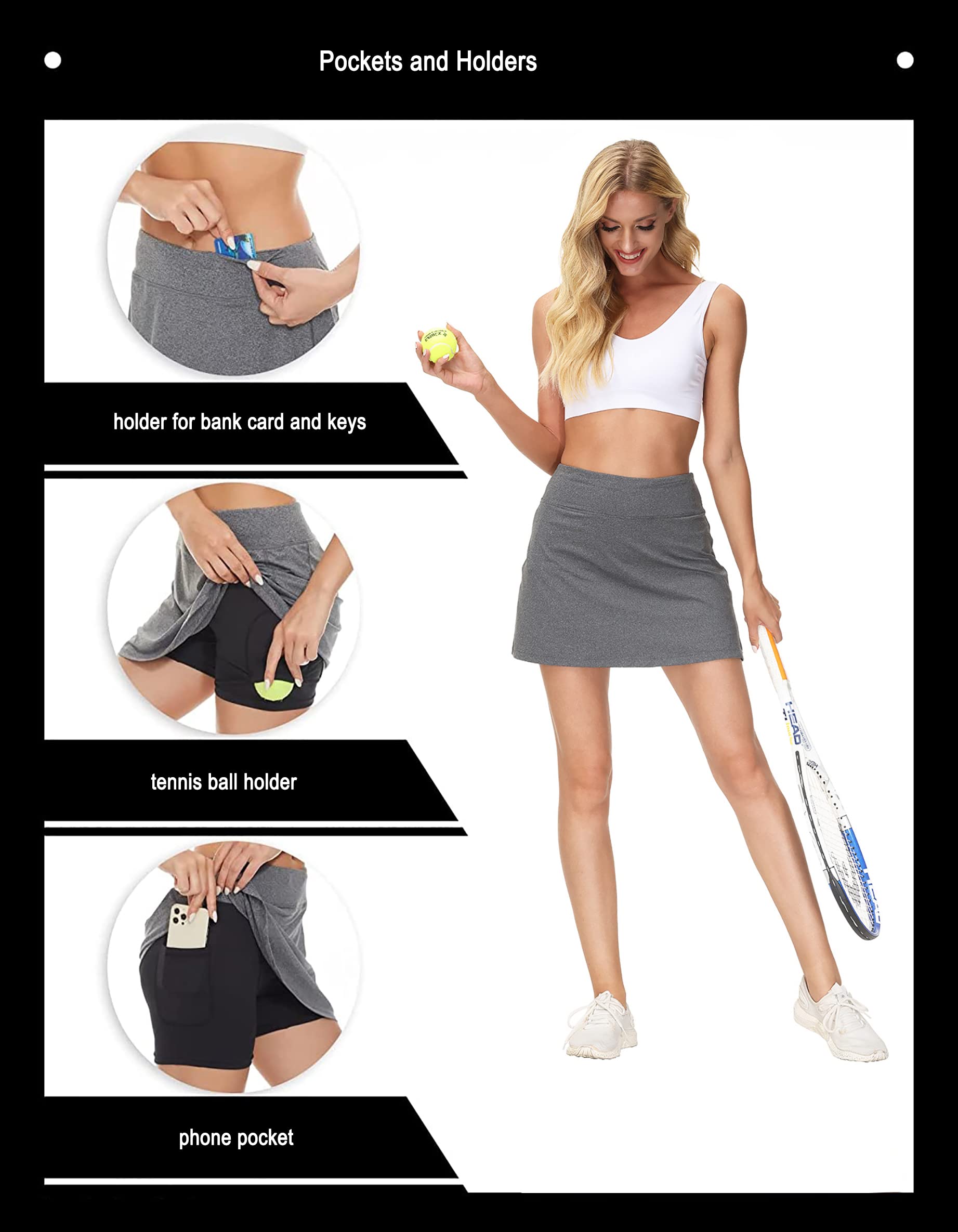 Jupe plissée athlétique pour Femme avec Short et Poches, Jupe-Short de Tennis pour Fille