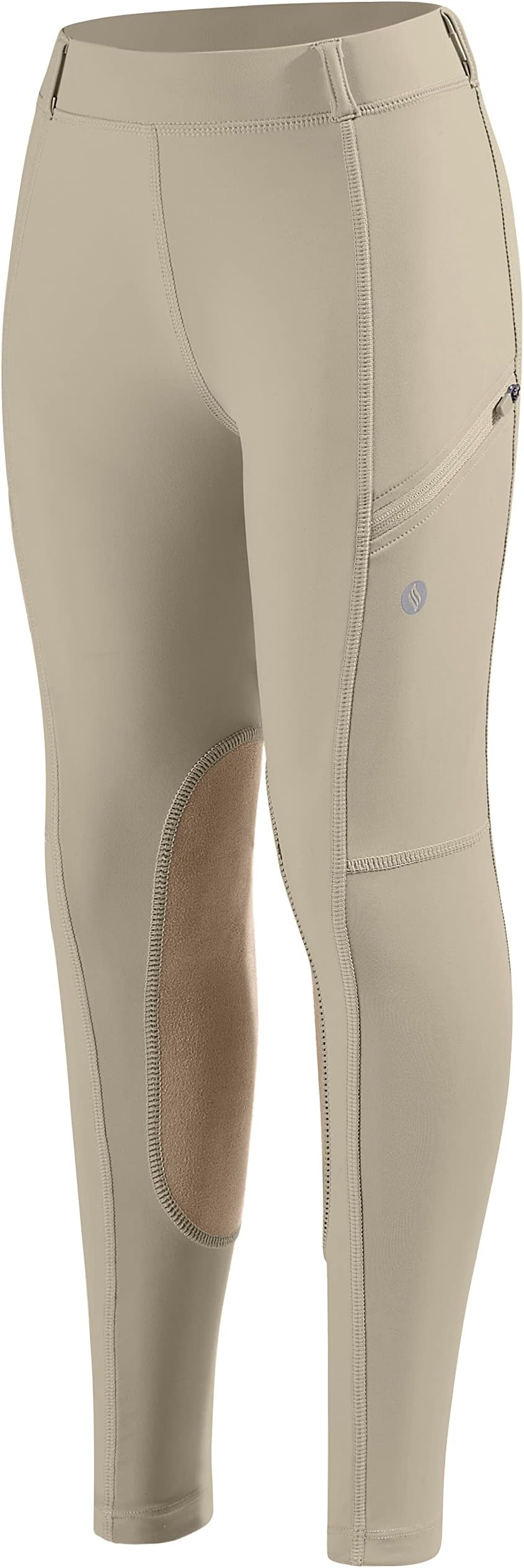 Girls Horse Riding Pants with Zipper Pockets Kids Stretchy Equestrian Breeches Knee-Patch Youth Schooling Tights