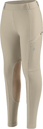 SANTINY Girls Horse Riding Pants with Zipper Pockets Kids Stretchy Equestrian Breeches Knee-Patch Youth Schooling Tights