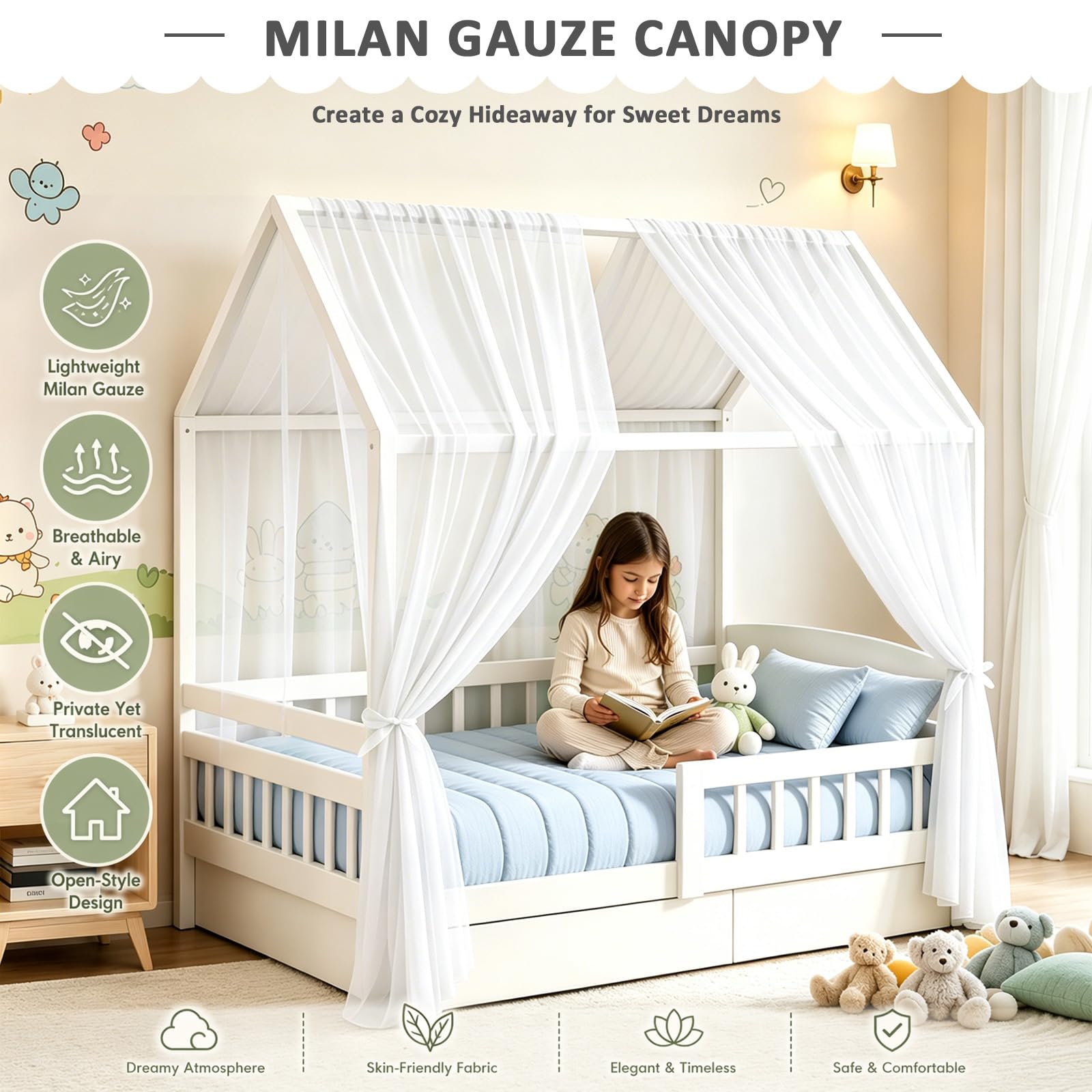 Letto a Baldacchino, in Mussola con 2 Baldacchini, Tenda da Letto per la Casa, Tenda da Letto di Alta Qualità per la Camera dei Bambini – in Tessuto Milano (Mussola di Viscosa)