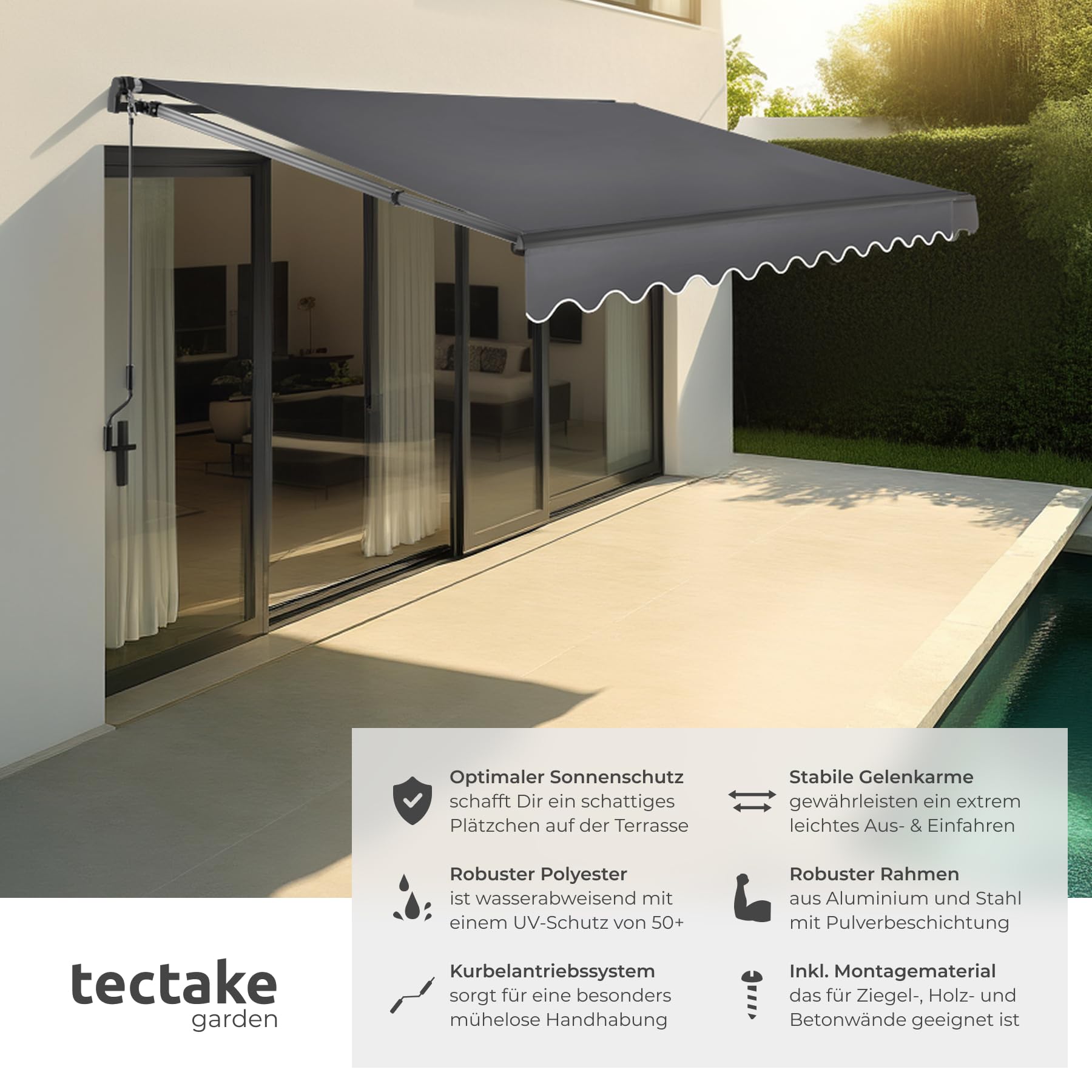 tectake® Gelenkmarkise, Markise ausziehbar mit Gelenkarm, Sonnenmarkise mit Wandhalterung, Sichtschutz Garten, Sonnenschutz Balkon, Markisen für Terrasse, Fenstermarkise - dunkelgrau, 300 x 250 cm