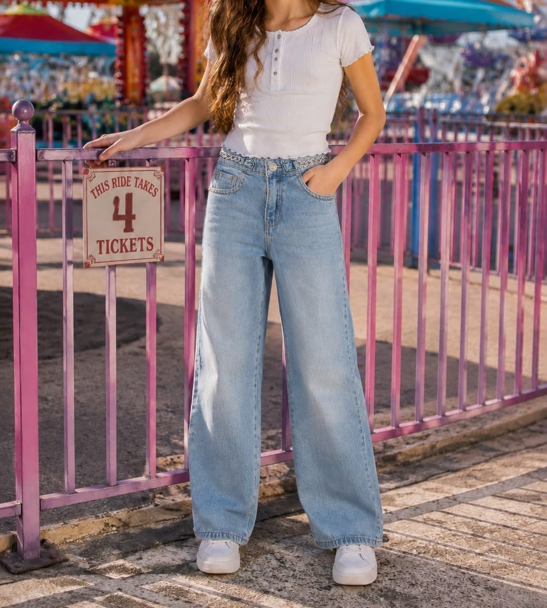 KIDSCOOL Girls Wide Leg Jeans Flash Chain Detail Stretch Denim Pants