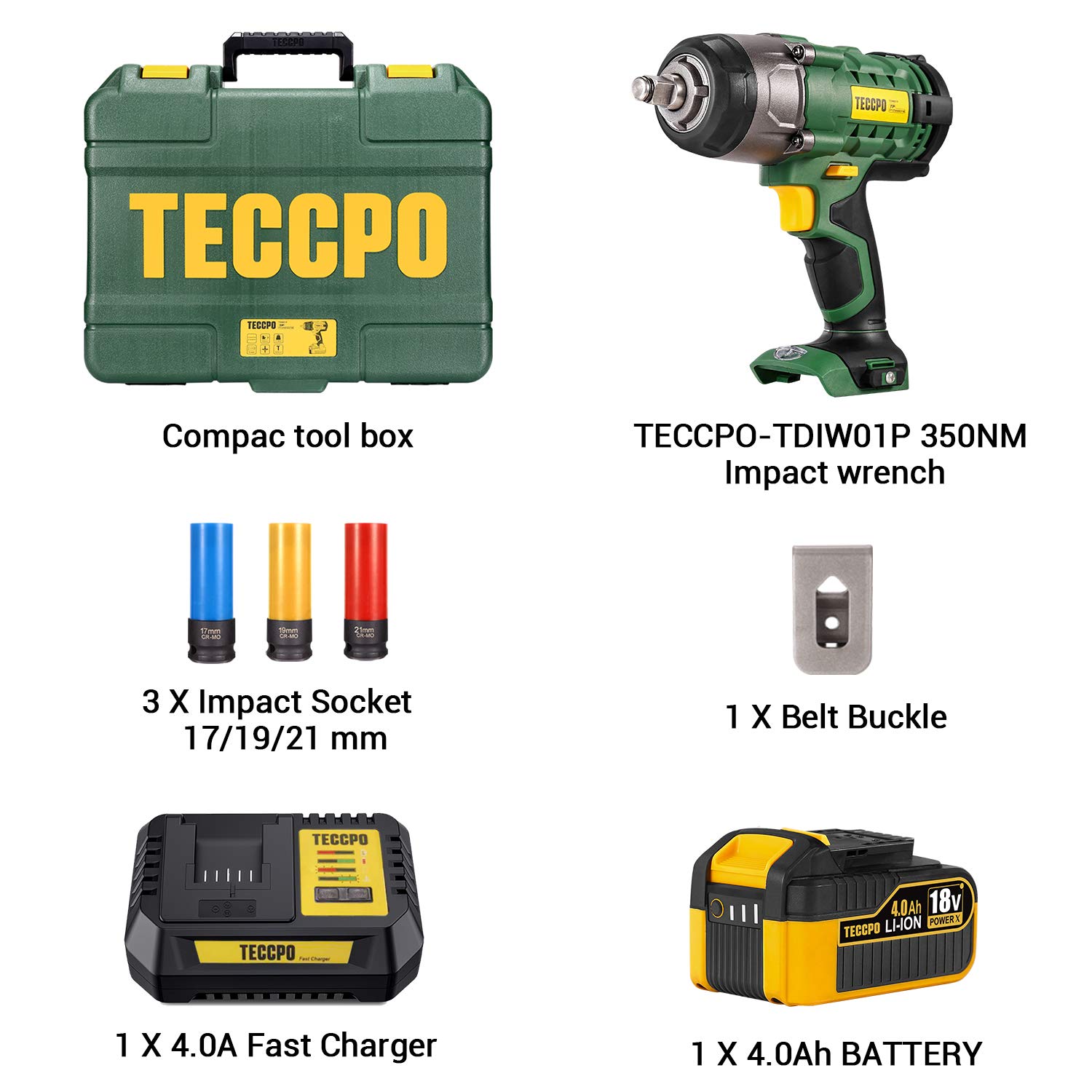 Avvitatore ad Impulsi, TECCPO 350Nm Avvitatori a Massa Battente 18V, 4.0Ah Batteria, 3x Chiavi A Bussola, Mandrino 13mm (1/2"), Impulsi/min 0-3000, con Valigetta Rigida (Migliore Regalo di DIY)