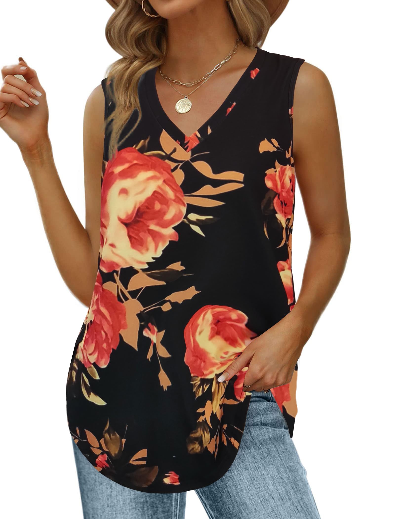 Grace's Secret Womens Fashion Summer Tank Tops V Neck Tops Casaul Sleeveless Shirts Loose Flowy Tunics Tees