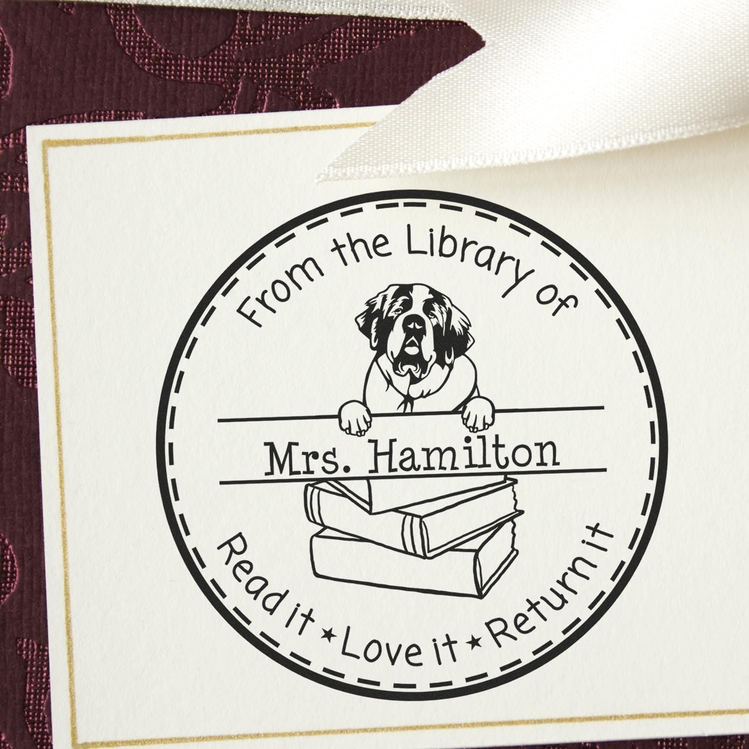 Personalized Saint Bernard Dog Book Tag Stamp - Customized Property of Teacher Embossed Stamp - Unique Name Embosser for Teachers - Gift for Dog Lovers and Educators - 1-5/8" Round Design