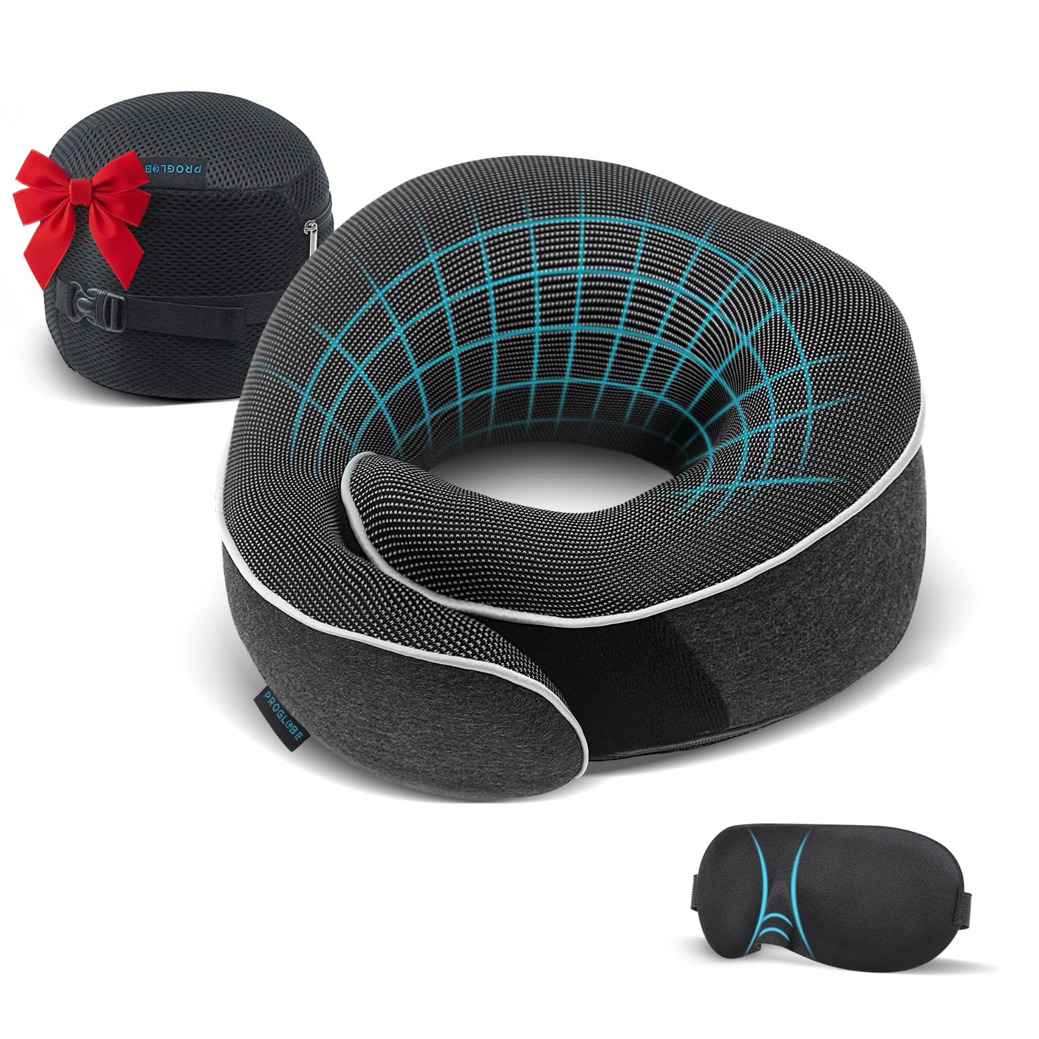 Proglobe Cuscino cervicale aereo, cuscino da viaggio, 100% memory foam, cuscino ortopedico, per viaggi con aereo, auto, treno, con maschera 3D, borsa a rete di alta qualità, Grigio scuro
