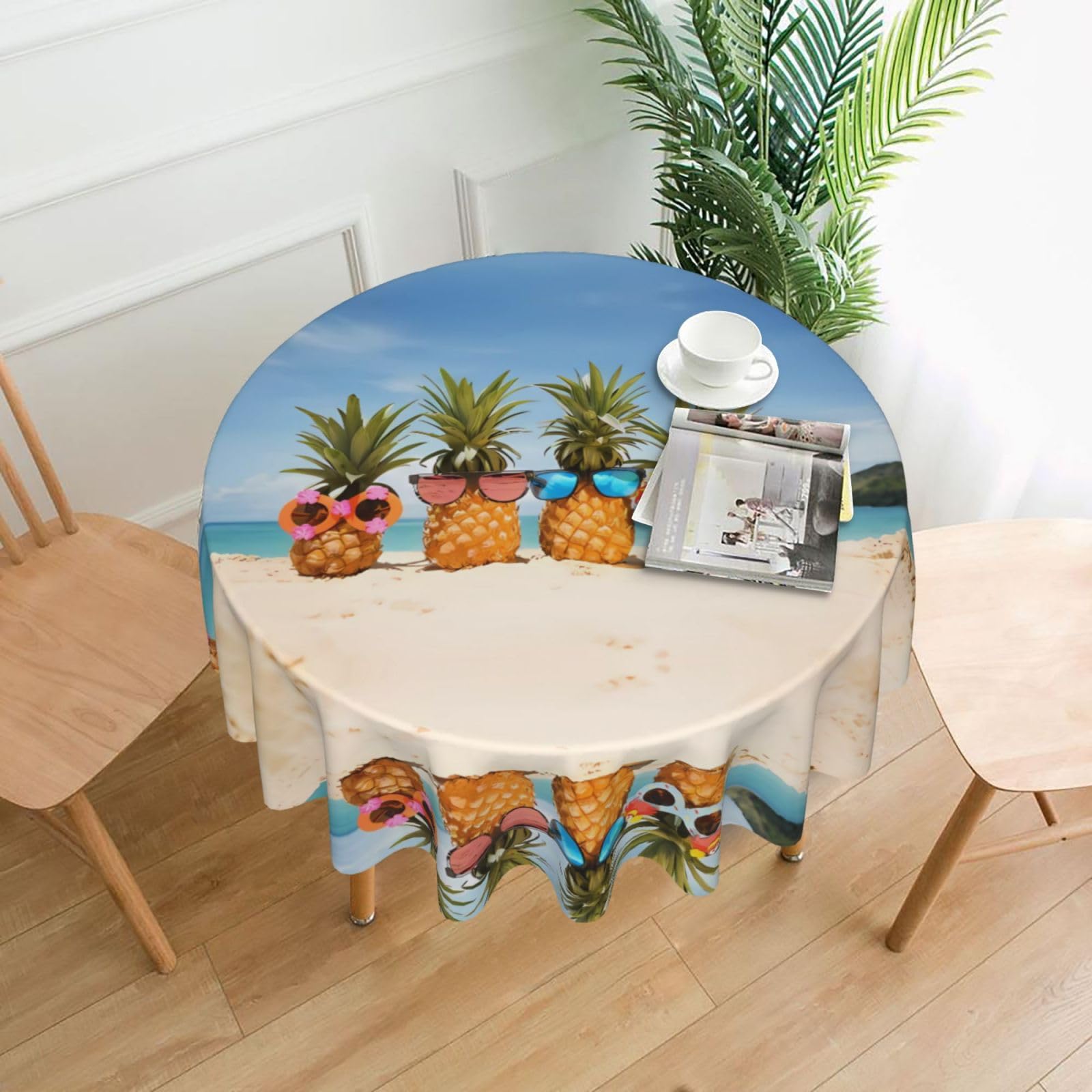 WHJSSF Ocean Beach Pineapples Prints Round Decorative Table Throw 60 Inch – Waterproof Table Cover for Dining, Coffee Tables, and Outdoor Events