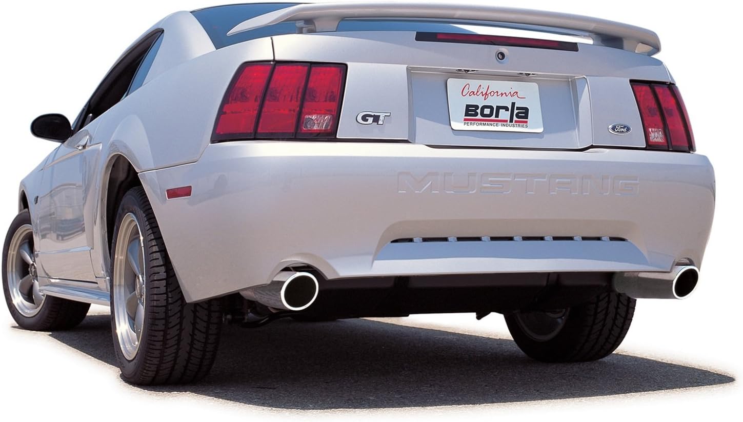 BORLA 140458 Cat-Back Performance Exhaust System for 1999-2004 Ford Mustang GT 4.6L V8 & Mach 1 4.6L V8 T-304 Stainless Steel ATAK Sound Dual Split Rear Exit Single 4" Round Chrome Tips On Each Side