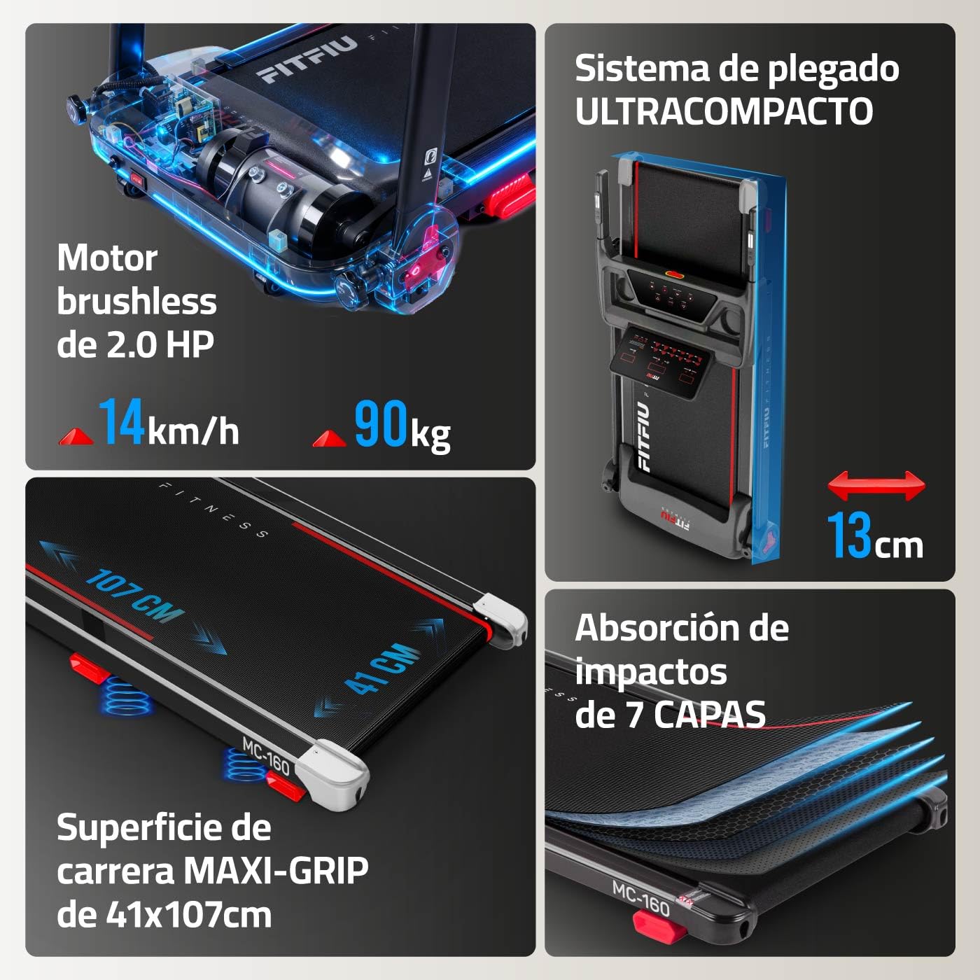 Cinta de Correr Plegable con Inclinación 9% FITFIU Fitness 4 en 1 Velocidad Ajustable 14 Km/h con Conectividad App y Frecuencia Cardíaca Soporte para Tablet Walking Pad Compacta MC-160