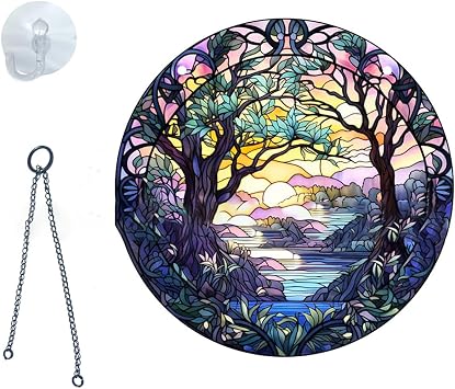 Glass Panel Home Decor Acrylic Panel Wall Art,Colorful Acrylic Window Hanging,Stained Glass Window Hanging Round Shape Stained Glass Decor for Window Home Decor Crafts A