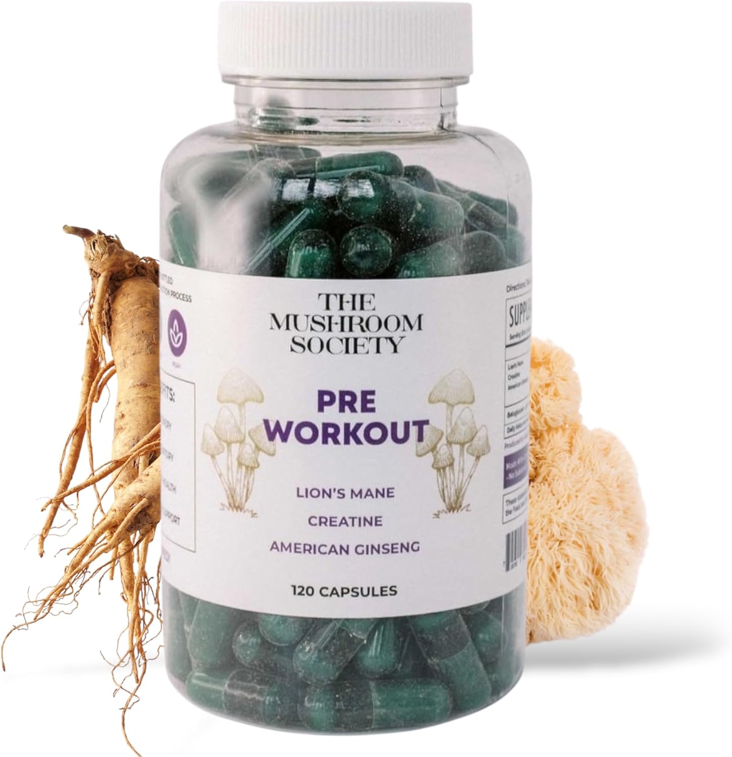 Pre-Workout Supplement – Focus & Performance Stack with Lion’s Mane, Creatine, American Ginseng & Beta-Glucans – Natural Energy & Endurance Without Caffeine – 120 Vegan Capsules