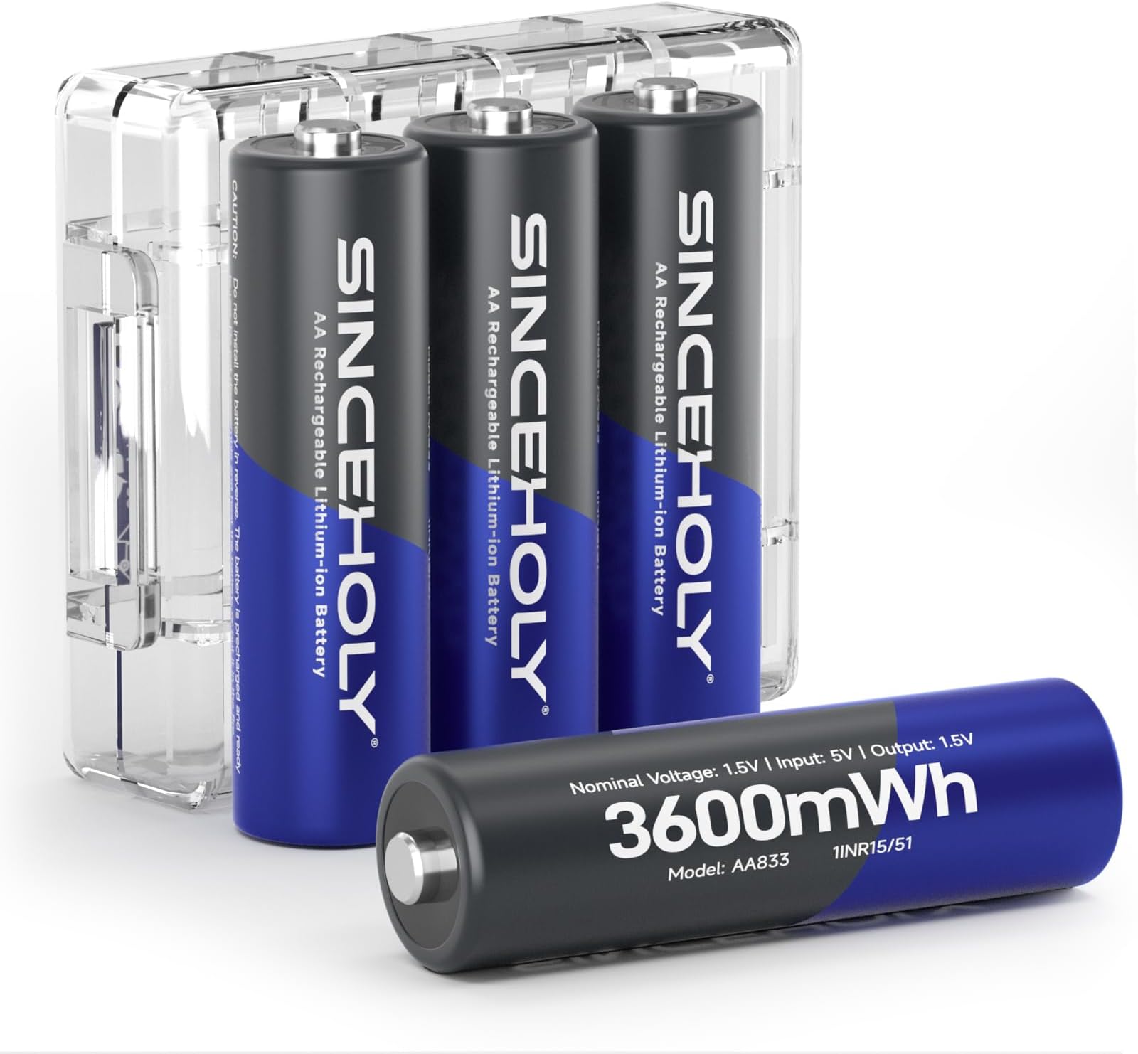 SINCEHOLY 1.5V Lithium AA Batteries Rechargeable 4 Pack, 3600mWh High Capacity(No Charger)