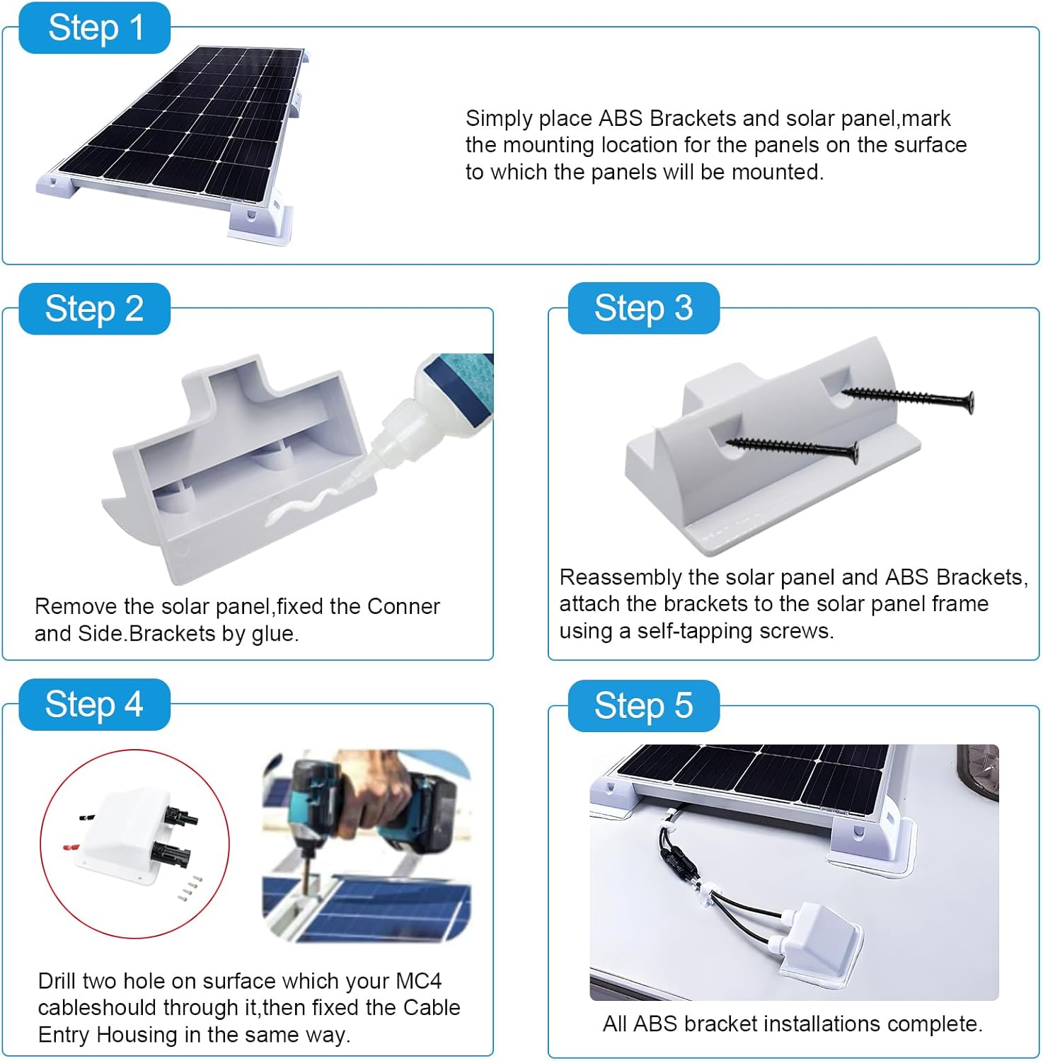 Solar Panel Mounts Bracket Set of 4pcs (White), Drill Free ABS Corner Roof Brackets Mounting Kit, Durable Solar Mount Rack Accessories for RVs, Trailers, Boats, Yachts, Vans, Carports