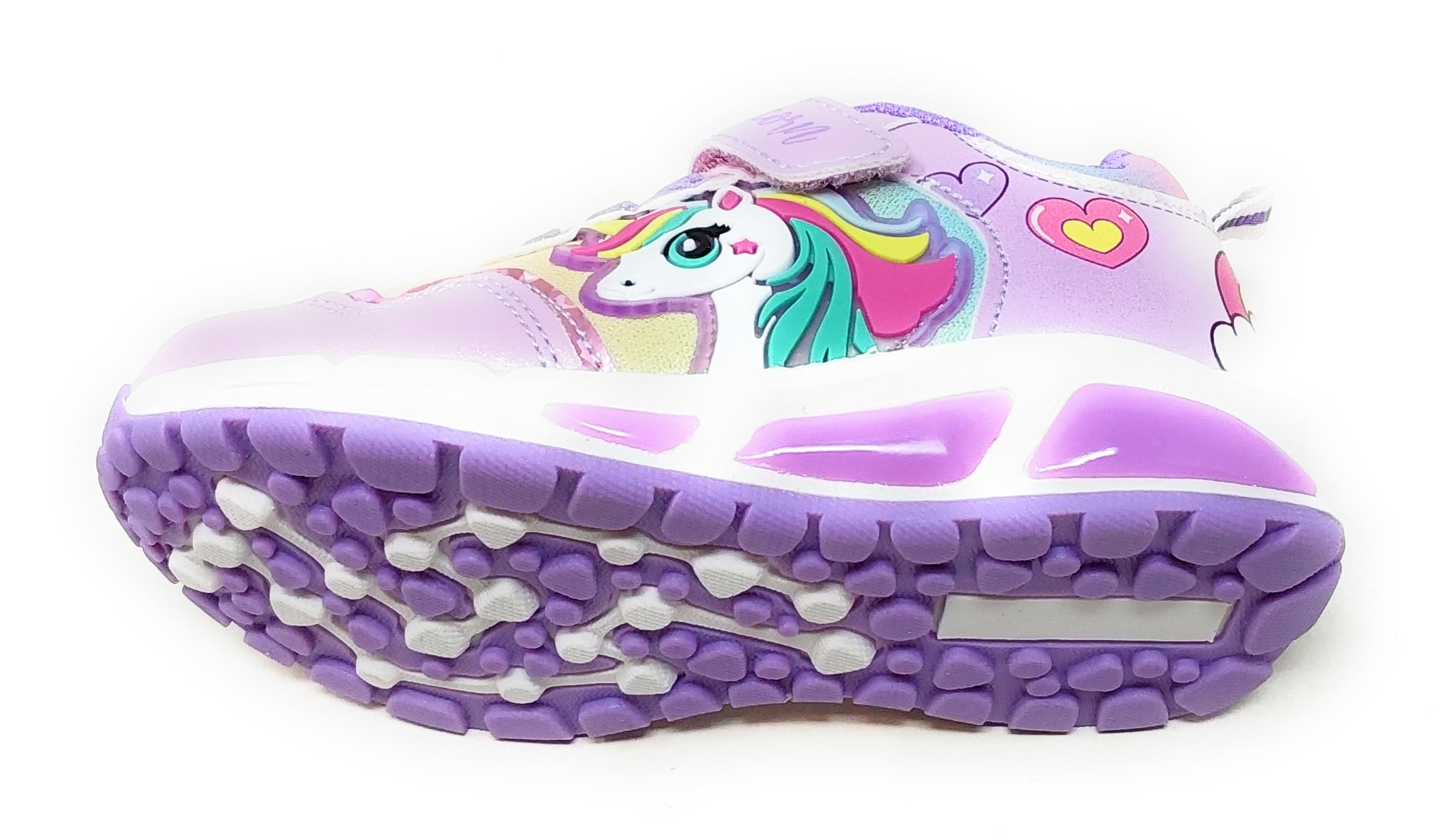Zapatillas de niña S8010207T con unicornio, lila con purpurina, con tirantes, luces integradas en la entresuela y en el lado de las zapatillas