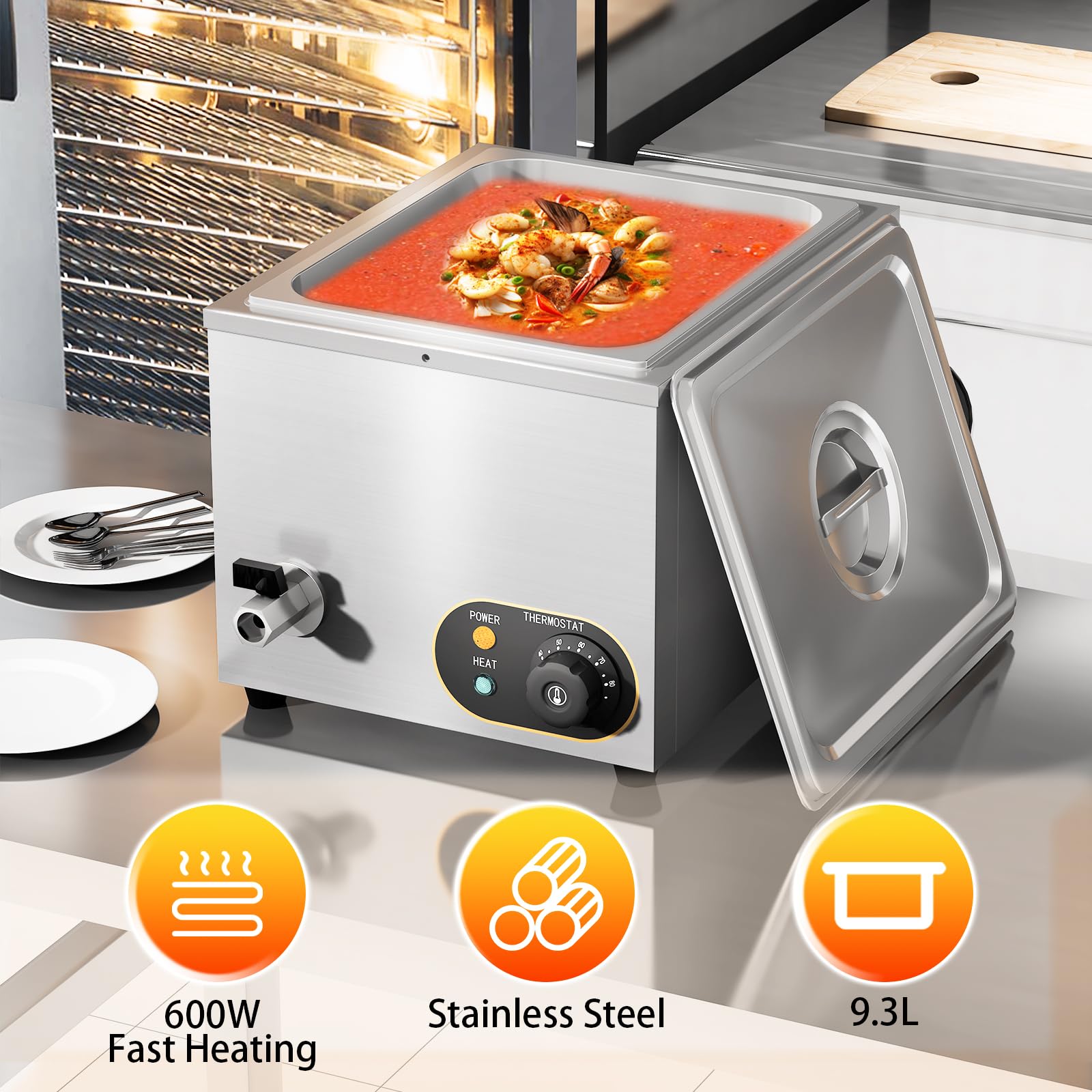 Bain Marie Gastro - Scaldavivande elettrico in acciaio inox con rubinetto di scarico