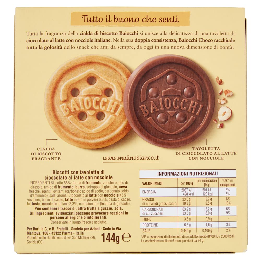 Mulino Bianco Baiocchi Choco - 12 galletas con pizarra de chocolate con leche con avellanas + Polpa Gourmet italiano, 400 g