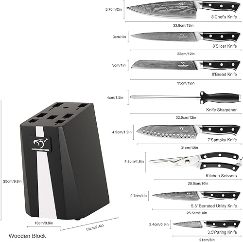 Miniatura 2 de NANFANG BROTHERS Juego de cuchillos de cocina de Damasco de 9 piezas con bloque, mango ergonómico ABS para juego de cuchillos de chef, afilador de