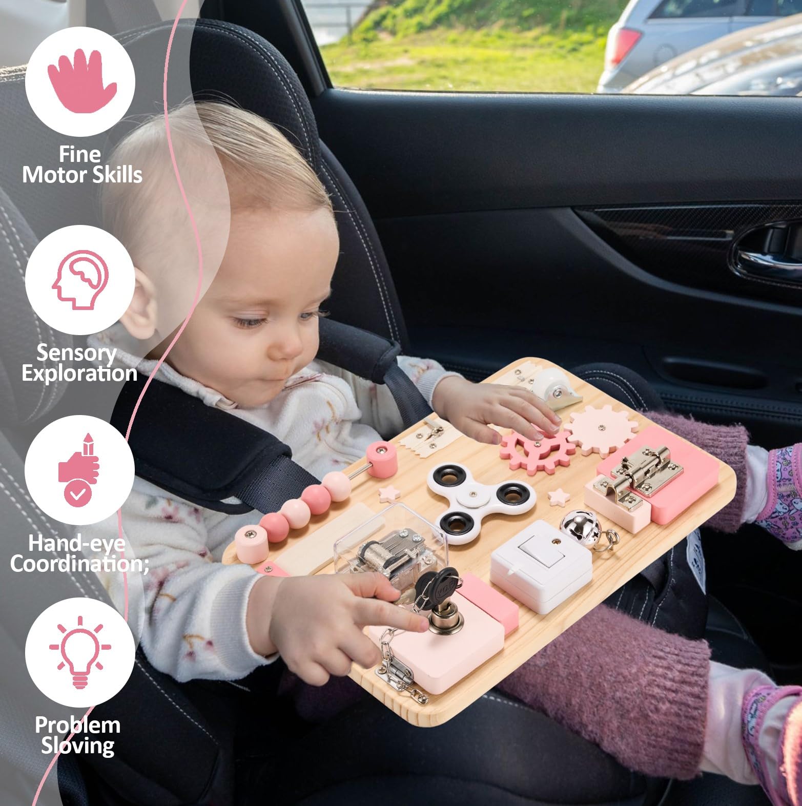 Potatomato Montessori Rosa Busy Board de Madera – Juguete sensorial y Educativo para niños – Actividades manuales, Juegos y Viaje – Regalo para niña o niño – Juguetes Montessori