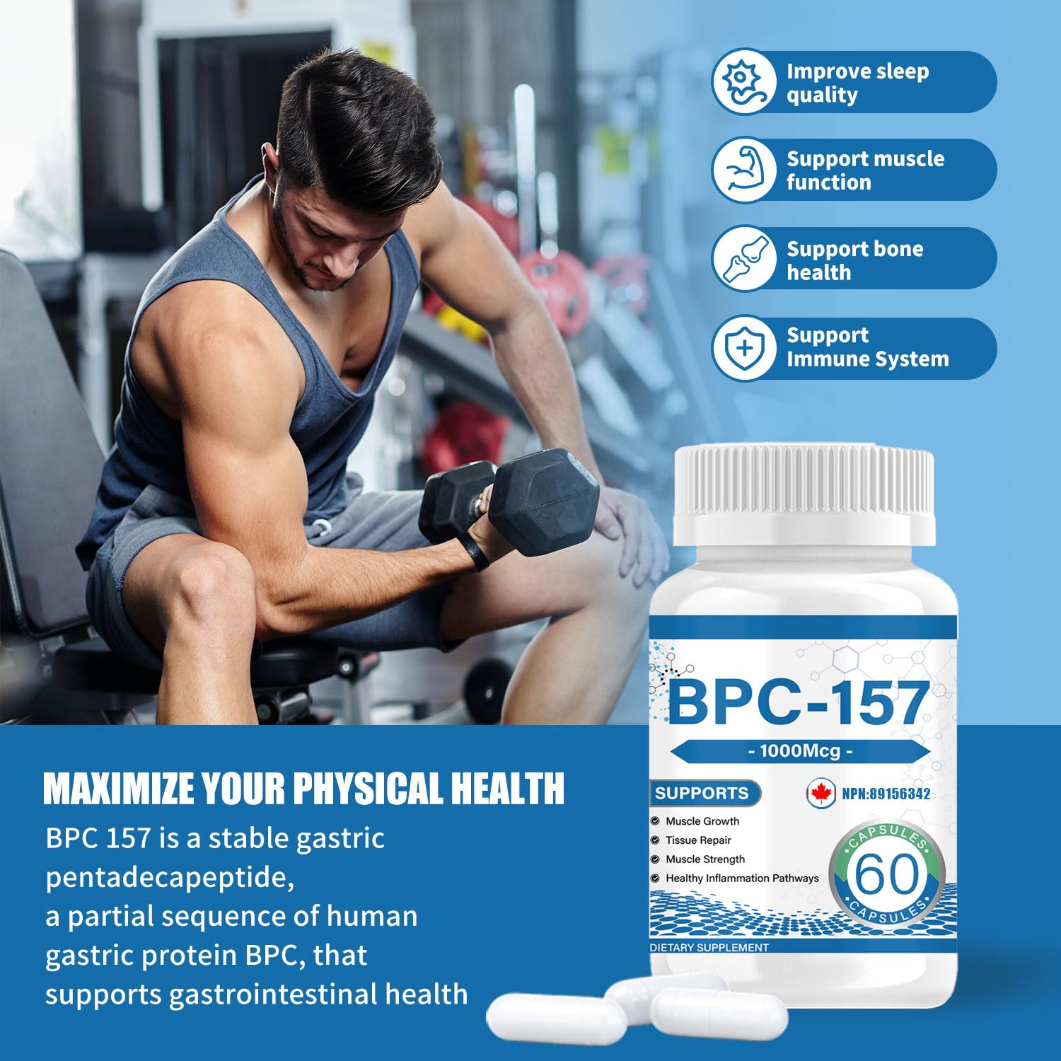 BPC 157 Peptide Capsules 1000 mcg, supports muscle growth, tissue repair, strength, non-GMO, gluten-free, 60 capsules — view 8