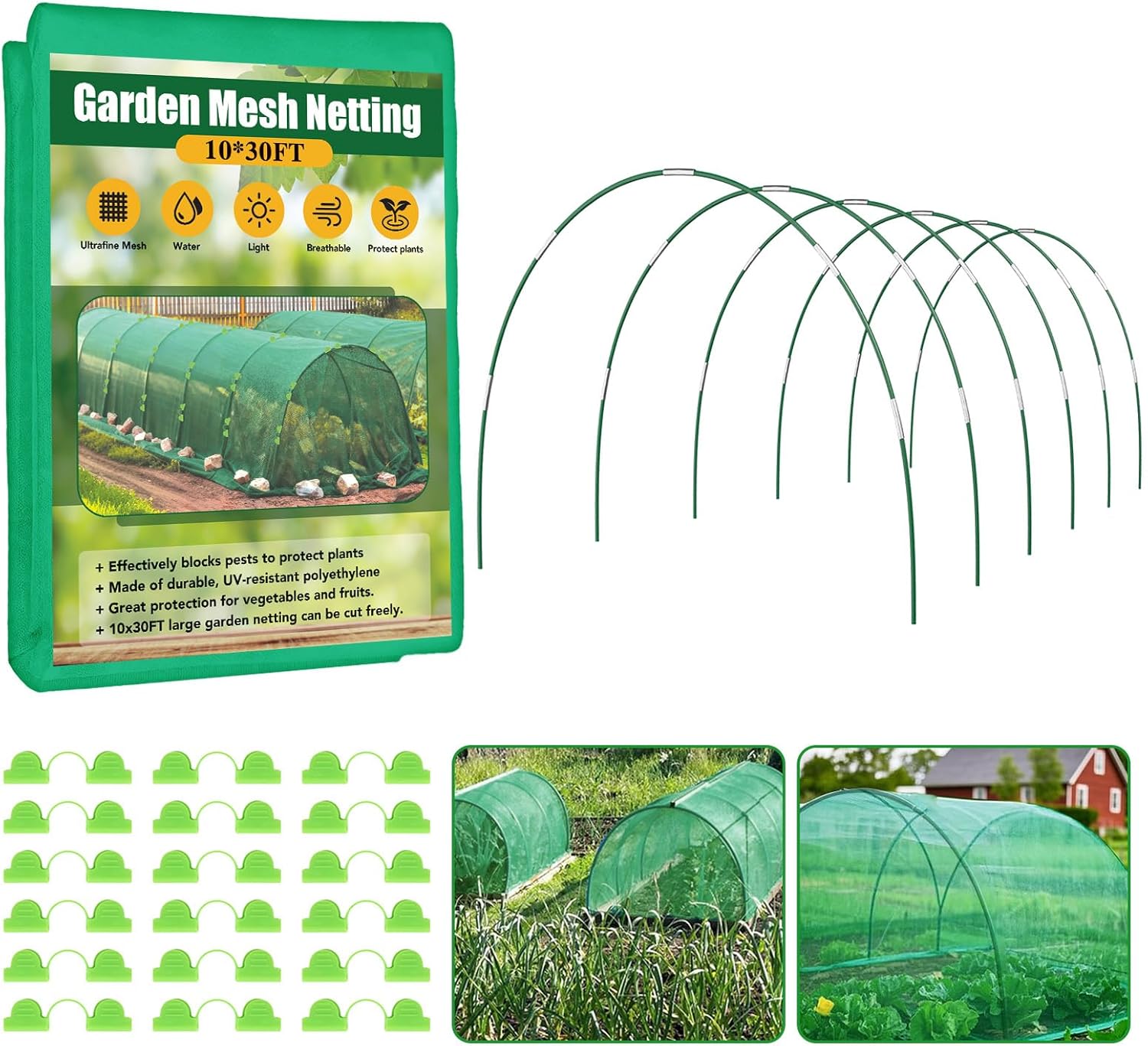 Garden Mesh Netting Kit for Raised Beds, 10x30FT Green Garden Netting ＆6 Sets Fiberglass Garden Hoops, Row Cover Garden Netting Pest Barrier Plant Protection for Vegetable Flowers Fruits