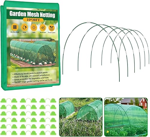 Kit de red de malla de jardín para camas elevadas, red de jardín verde de 10 x 30 pies y 6 juegos de aros de jardín de fibra de vidrio, cubierta