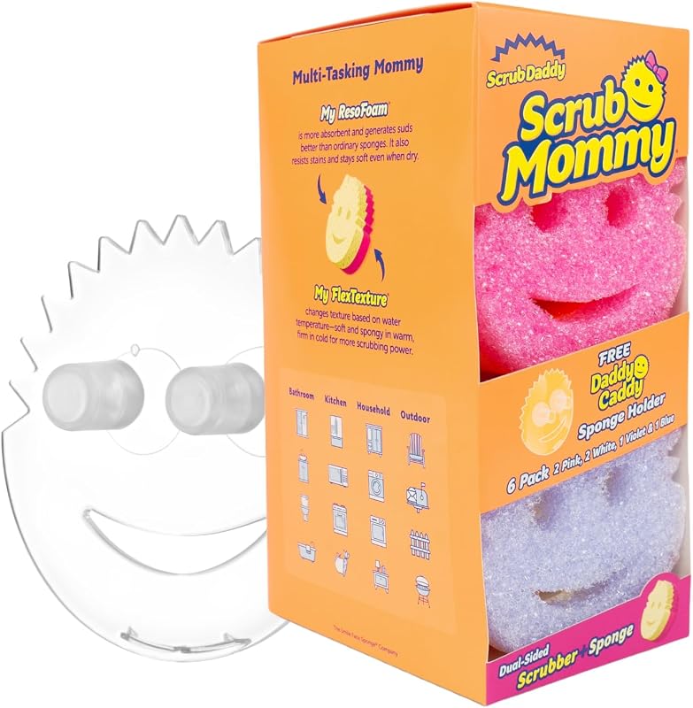 Scrub Mommy Kitchen Sponge (6) + Daddy Caddy Sink Holder | Dual-Sided Dish Scrubber, Non-Scratch on 25+ Surfaces, Stain & Odor Resistant Up to 12 Weeks, Dishwasher Safe, BPA-Free