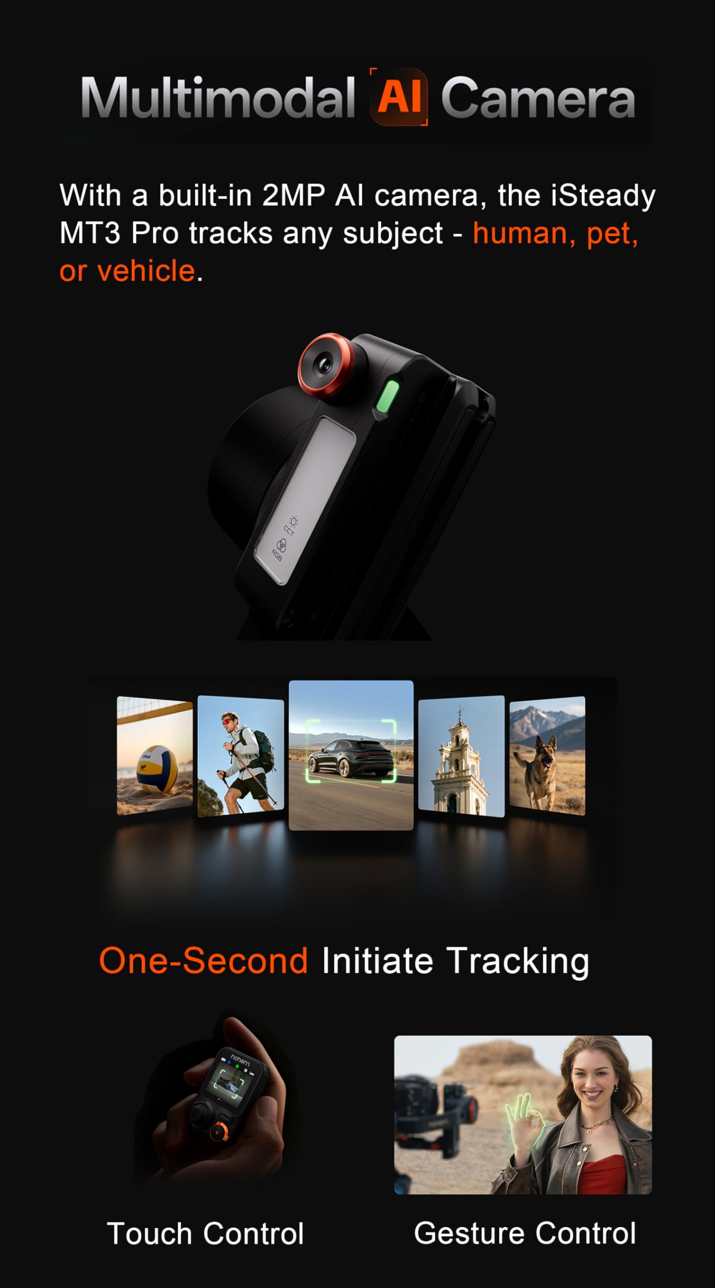 hohem iSteady MT3 Pro Kamerastabilisator mit KI-Tracking, 4-in-1 Gimbal für spiegellose Kamera/Kompakt/Action und Smartphone, abnehmbare 1,4-Zoll-Touchscreen-Fernbedienung