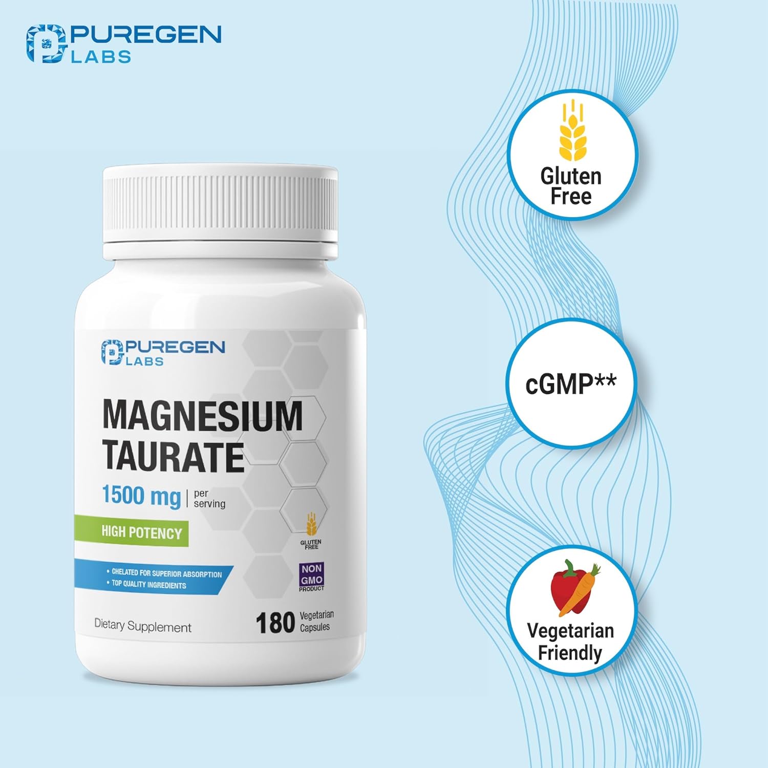 Puregen Labs Magnesium Taurate 1500mg per Serving [High Potency] Total 360 Veggie Caps, Chelated for Superior Absorption, Non-GMO, NO Gluten and Dairy