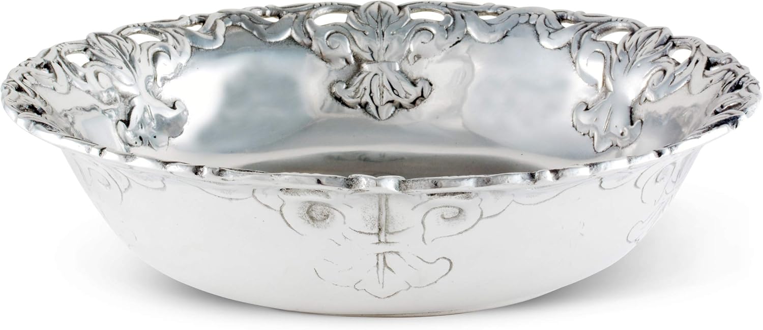 Arthur Court Designs Aluminum Metal Fleur-De-Lis Round Serving Bowl 12 inch Diameter x 3 inch Tall