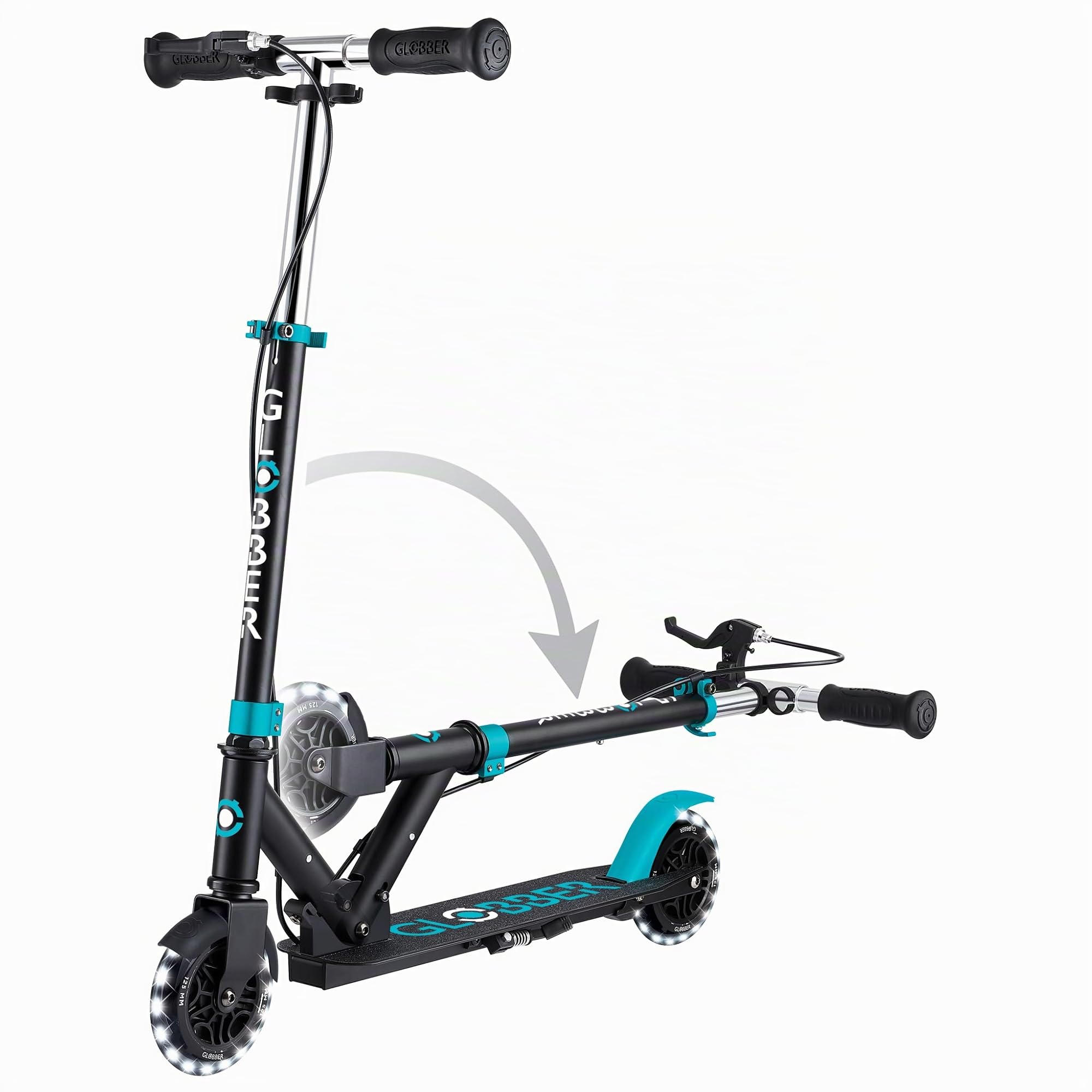 Globber Flow Element Junior Lights - Faltbarer Tretroller mit 2 Rädern mit Hinterradbremse, verstellbarem Lenker und LED-Lichtern, für Kinder ab 4 Jahren - Türkis
