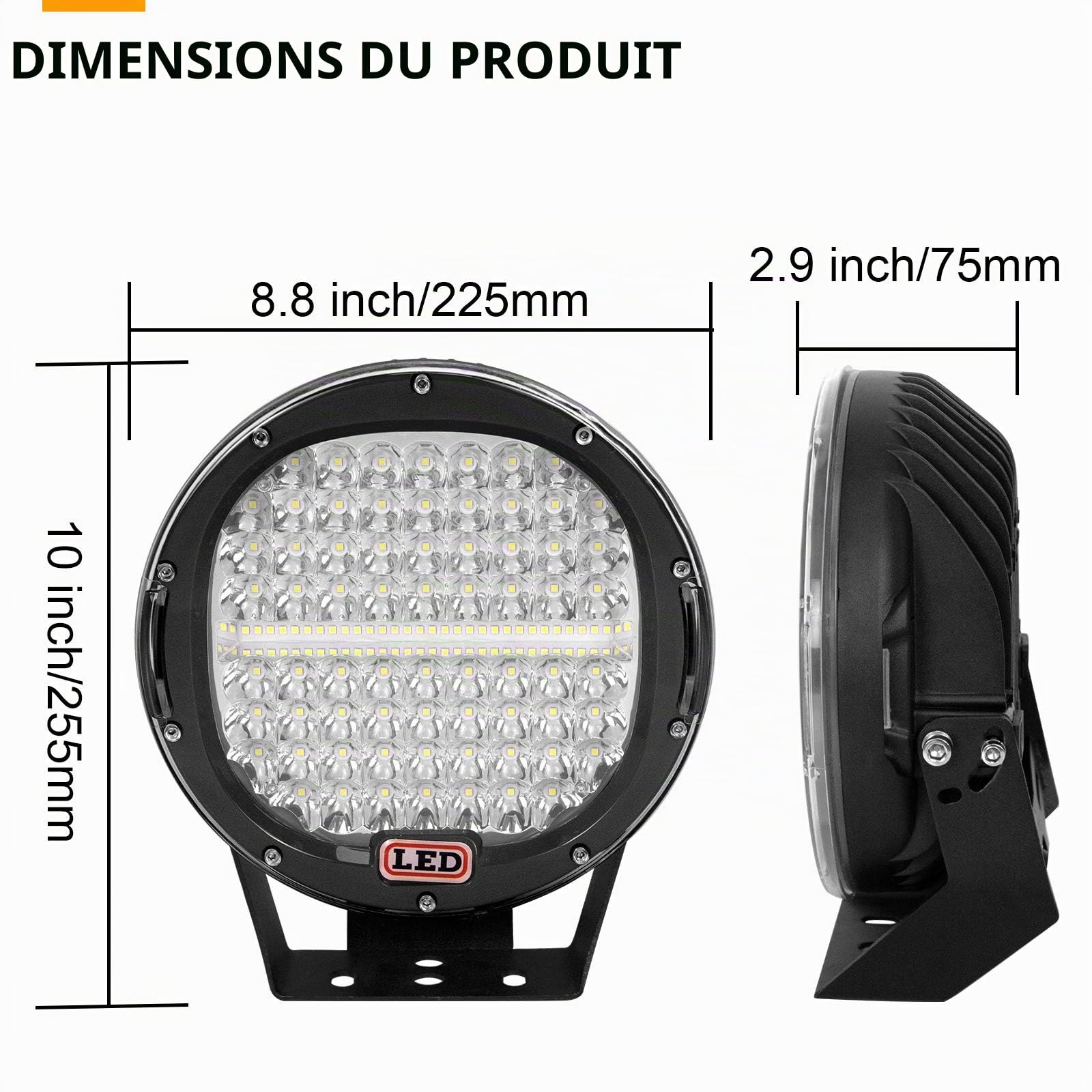 Willpower 2PCS Phare de Travail LED 23cm 9'' 294W Rond Projecteur 12V 24V Feux Antibrouillard Spot Longue Portée Etanche IP67 pour 4x4 Voiture Camion Tracteur SUV Bateau Quad Vehicule Noir