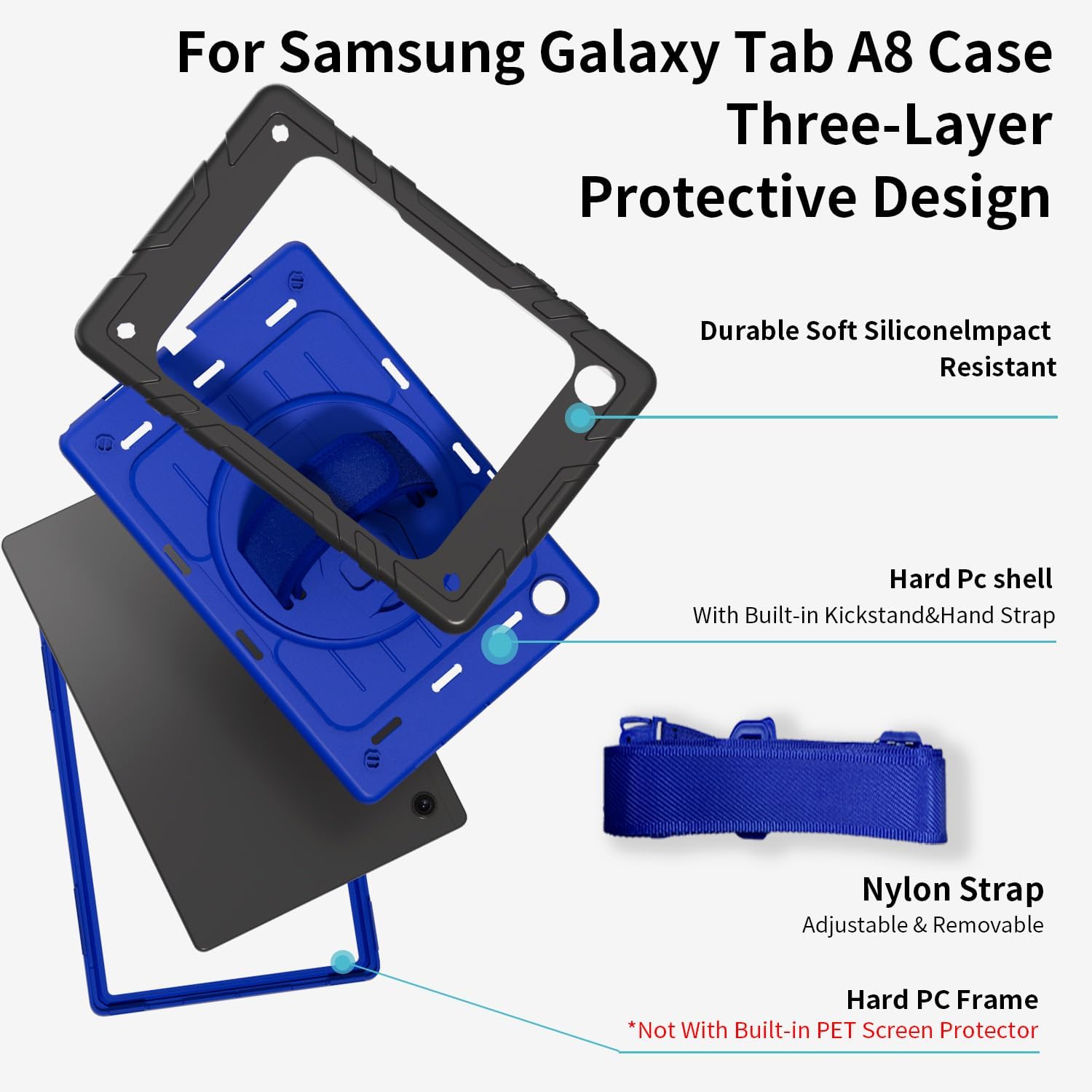 Case for Samsung Galaxy Tab A8 10.5'', Sturdy Heavy Duty Full-Body Shockproof Protective Case, 360° Rotating Stand, Hand/Shoulder Strap (Black+Blue) image 5