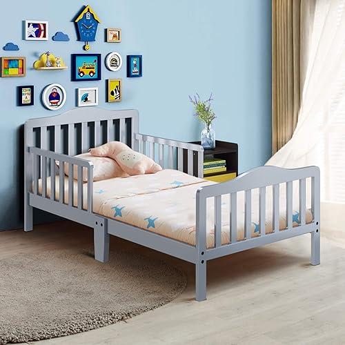 Costzon Cama para niños pequeños, marco de cama clásico de madera para niños con doble barandilla de seguridad, diseño bajo al suelo, soporte de
