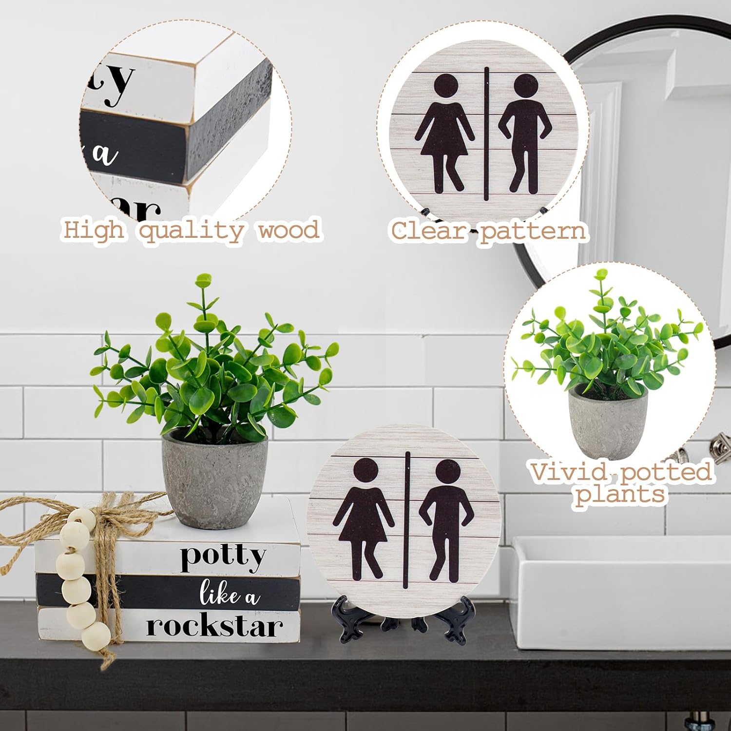 Bathroom Shelf Decor Signs, Modern Farmhouse Bathroom Decor Signs, Funny Wooden Rustic Decor for Restroom Shelf Guest Bath Thanksgiving Christmas Gift (Potty Like a Rock star)