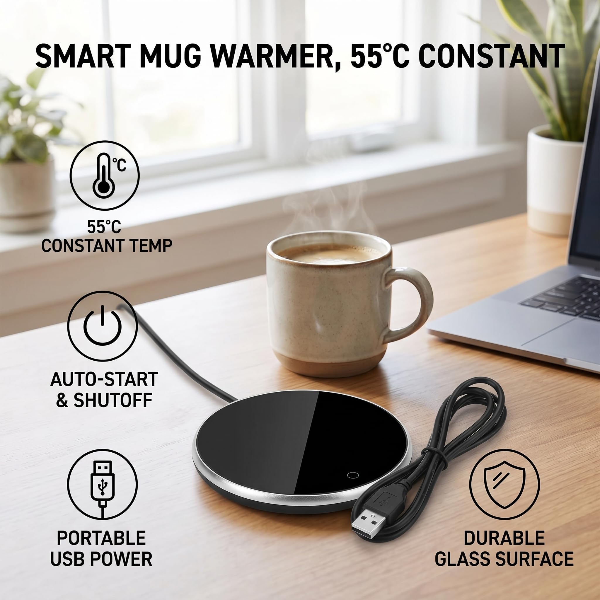 Calentador de vasos USB con interruptor táctil inteligente y posavasos inteligente de calentamiento de temperatura constante para bebidas calientes café Ø10,3 cm (plata)
