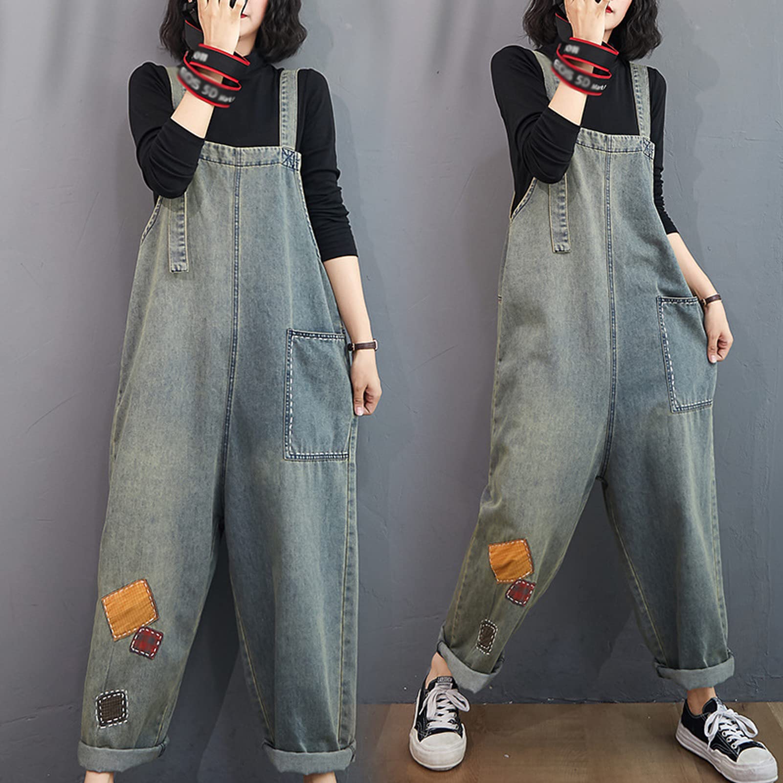 Salopette Donna Jeans retrò in Denim Lunga Regolabile Cinturino Senza Maniche Tute Baggy Casual a Gamba Larga Pantaloni Dungarees Overall Jumpsuit Light Blue-XXL
