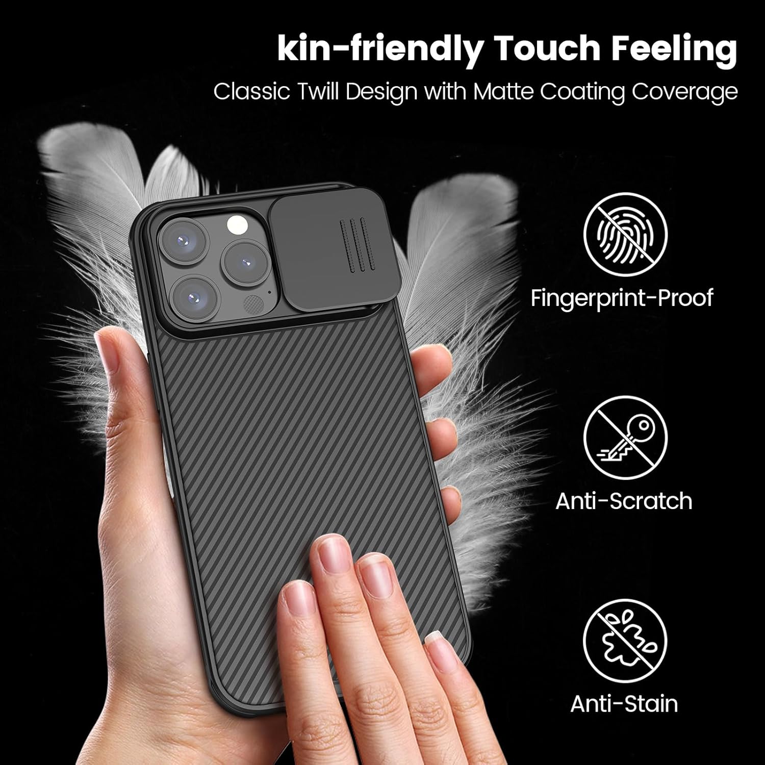 Hand holding the Nillkin case, with icons indicating fingerprint-proof, anti-scratch, and anti-stain properties.