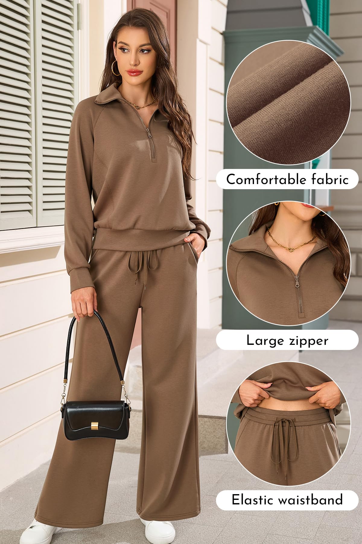 SHEKINI Dres treningowy, damski dres do joggingu, z długim rękawem, zestaw wypoczynkowy, strój sportowy 1/2, zamek błyskawiczny, bluza rekreacyjna, spodnie do biegania z szerokimi nogawkami