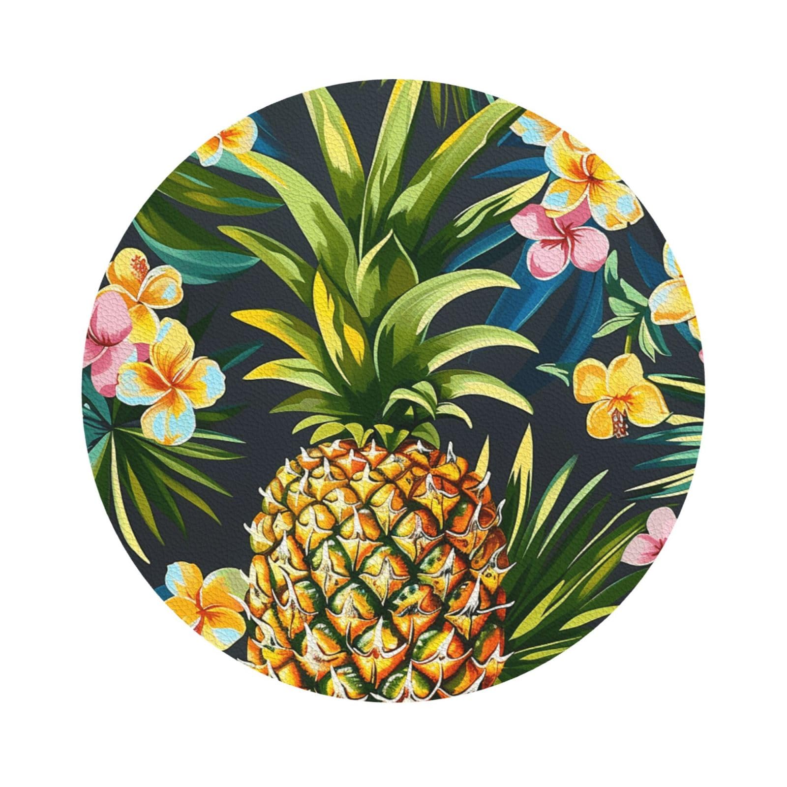 Tropical Pineapple Hawaiian Print Leather Coaster Set of 6, Round Shape Coasters Table Decorative Coffee Cup Beverage Coasters Wine Beer Bar Coasters for Hot Drinks Table Protection