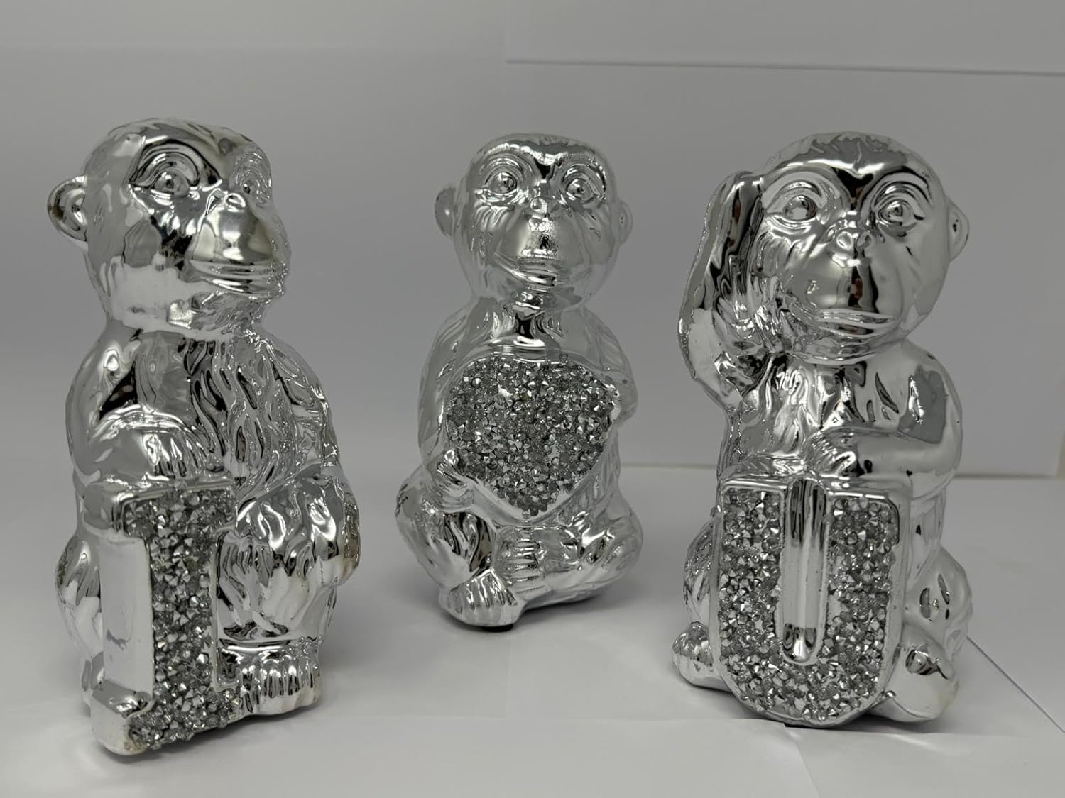 Aidni Silver I Heart U Sparkle Monkey Ornament Crushed Diamond Bling Statue, Evil Monkey Figurine, 10Cm Home Decor Gift
