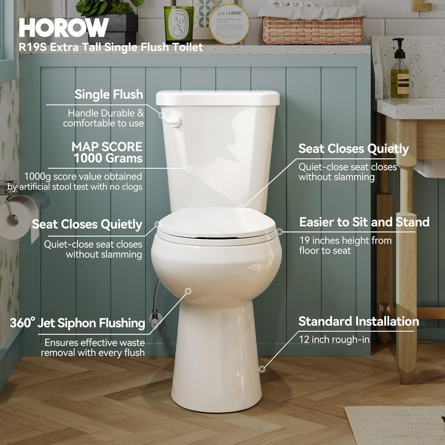 Diagram of the HOROW toilet highlighting key features like single flush, MAP score, quiet-close seat, 360-degree jet siphon flushing, and 12-inch rough-in.