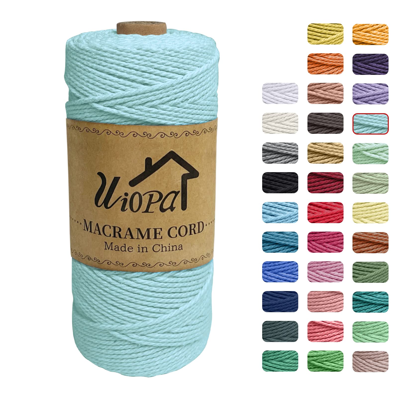 Uiopa Macrame Cord 2mm x 200m, 3-Strand Twisted Natural Cotton String, Macrame Cotton Rope Coloured String for Wall Hanging Plant Hanger Boho Home Decor Craft Projects